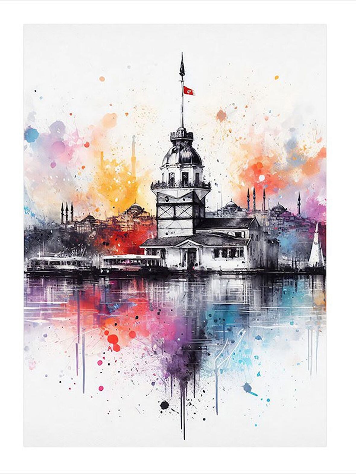 Sulu Boya İstanbul Galata Kulesi Model Ahşap Tablo 50cmX 70cm