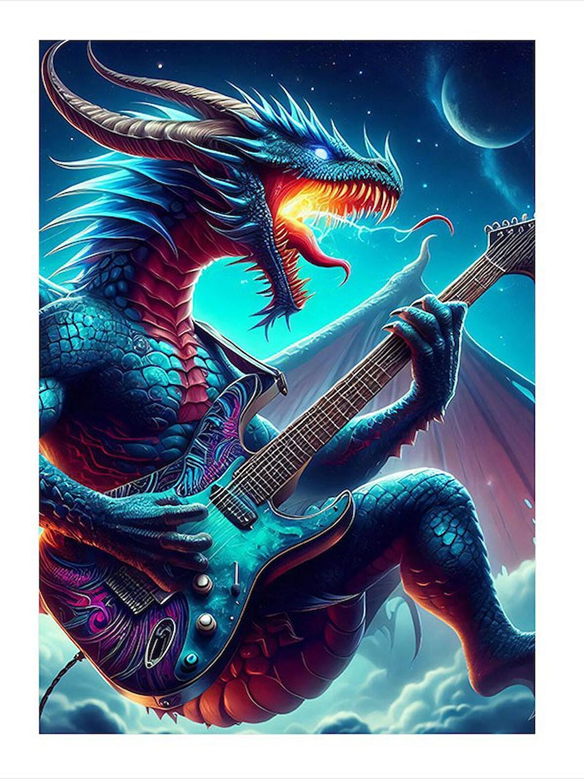 Elektro Gitar Çalan Ejderha Desenli Ahşap Tablo 18cm X 27cm