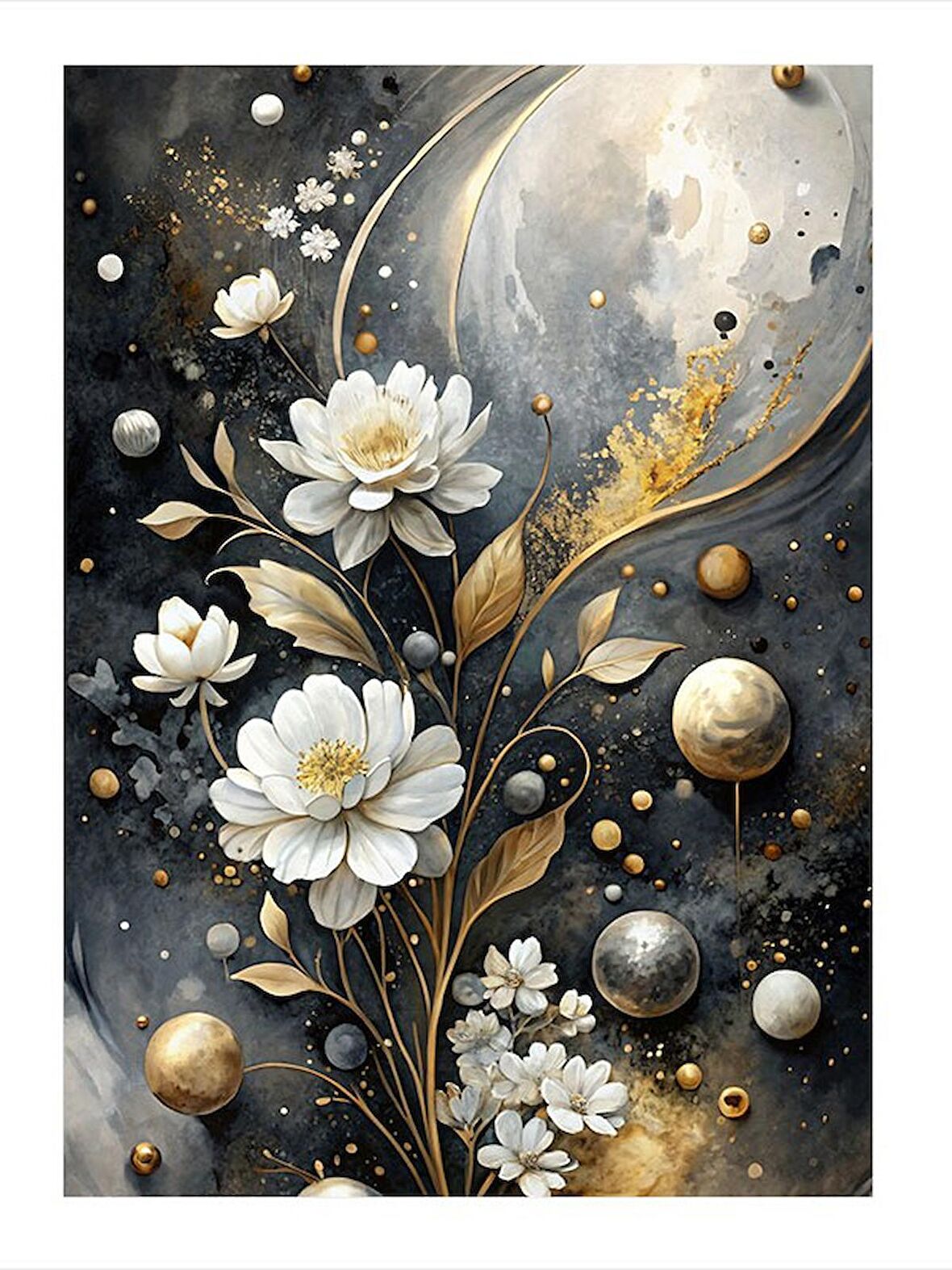Soyut Beyaz Çiçekler Ve Gezegenler Mdf poster 50cmX 70cm