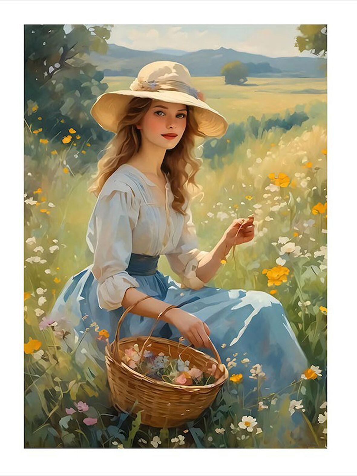 Çiçek Toplayan Kız Dekoratif ahşap Tablo 35cm X50cm