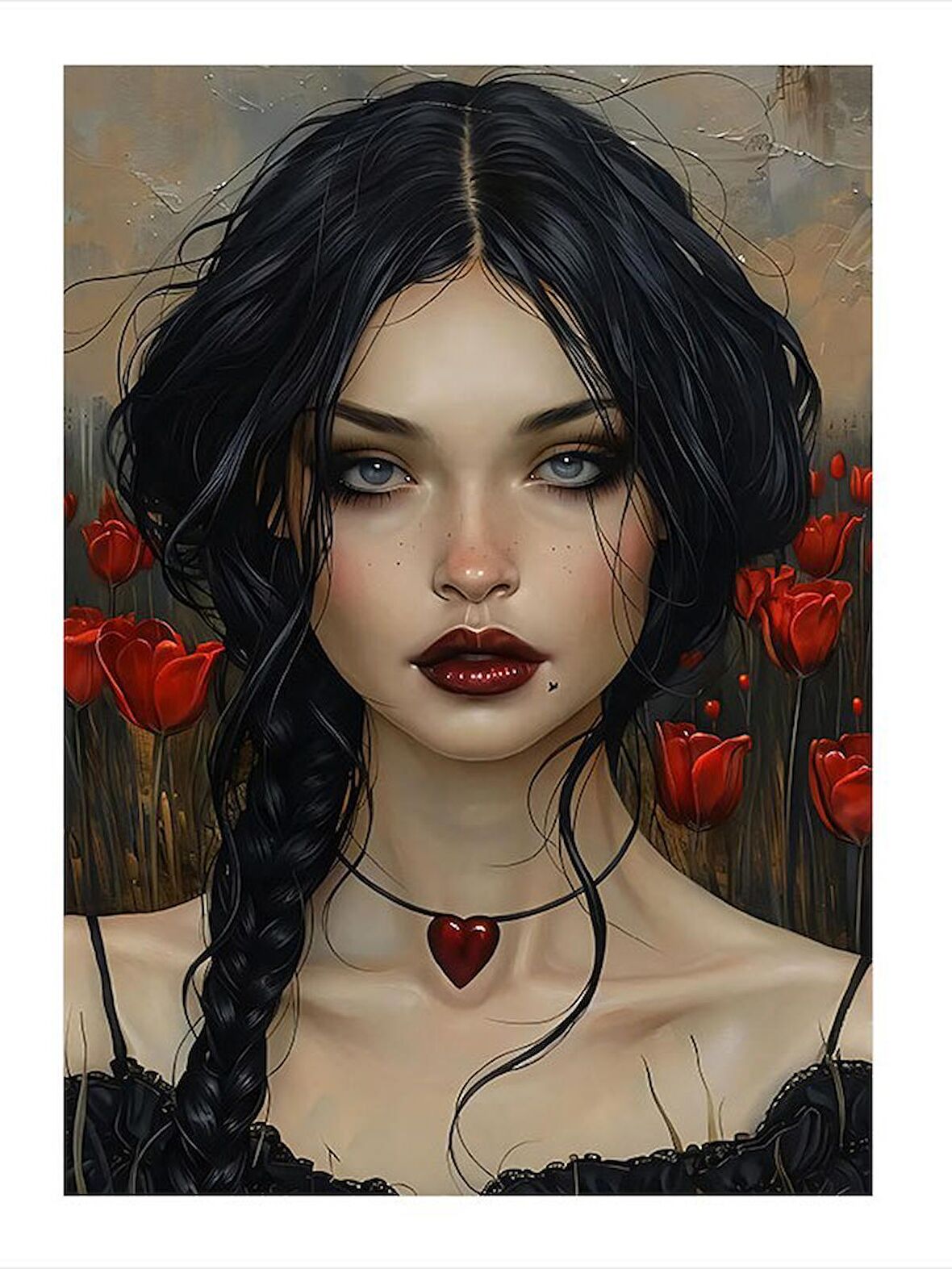 Kırmızı Çiçekler Ve Kız Hediyelik Mdf Tablo 25cmX 35cm