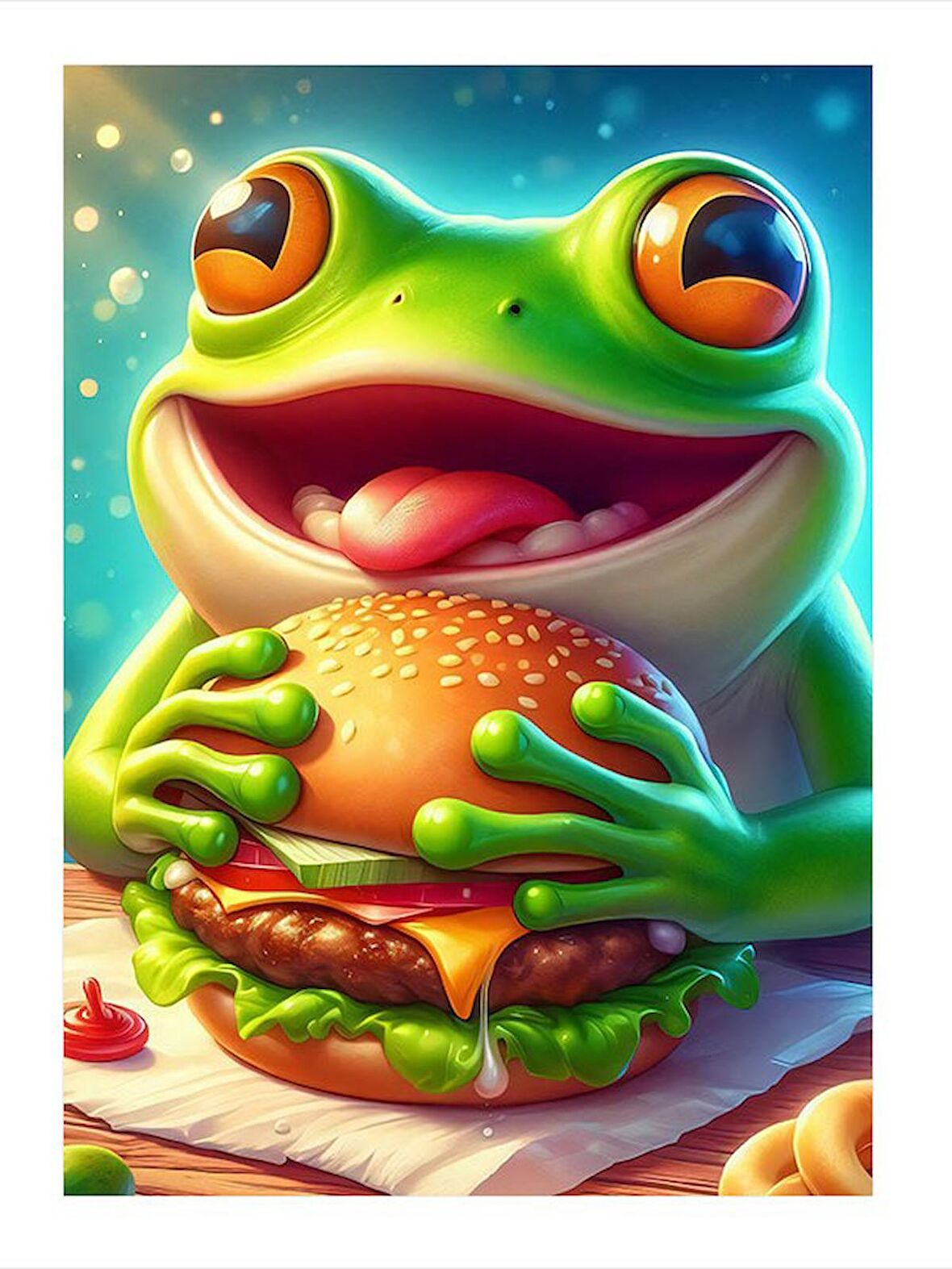 Hamburger Yiyen Kurbağa Hediyelik Ahşap Tablo 18cm X 27cm