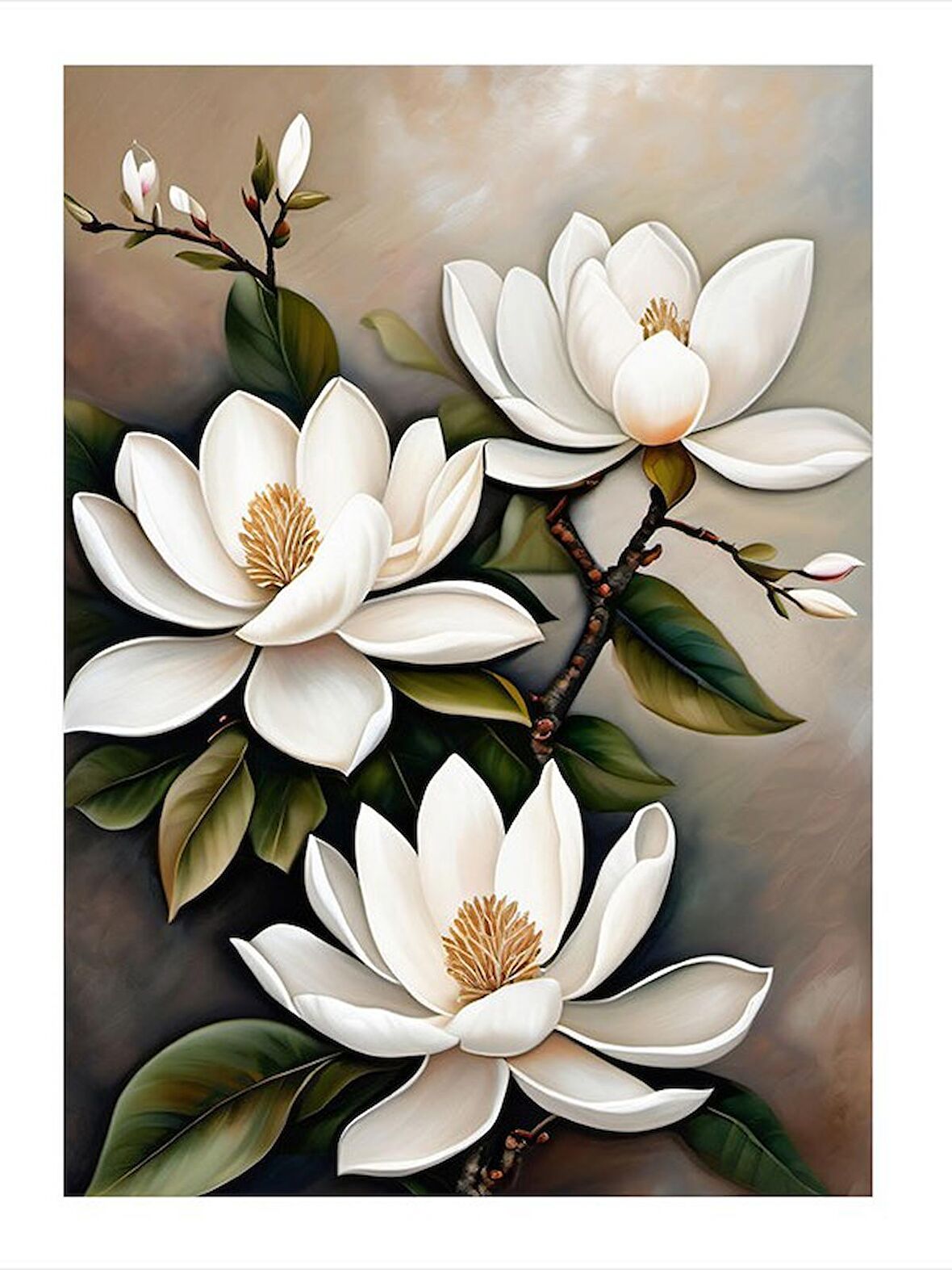 Beyaz Çiçekler Modern Ahşap Tablo 50cmX 70cm
