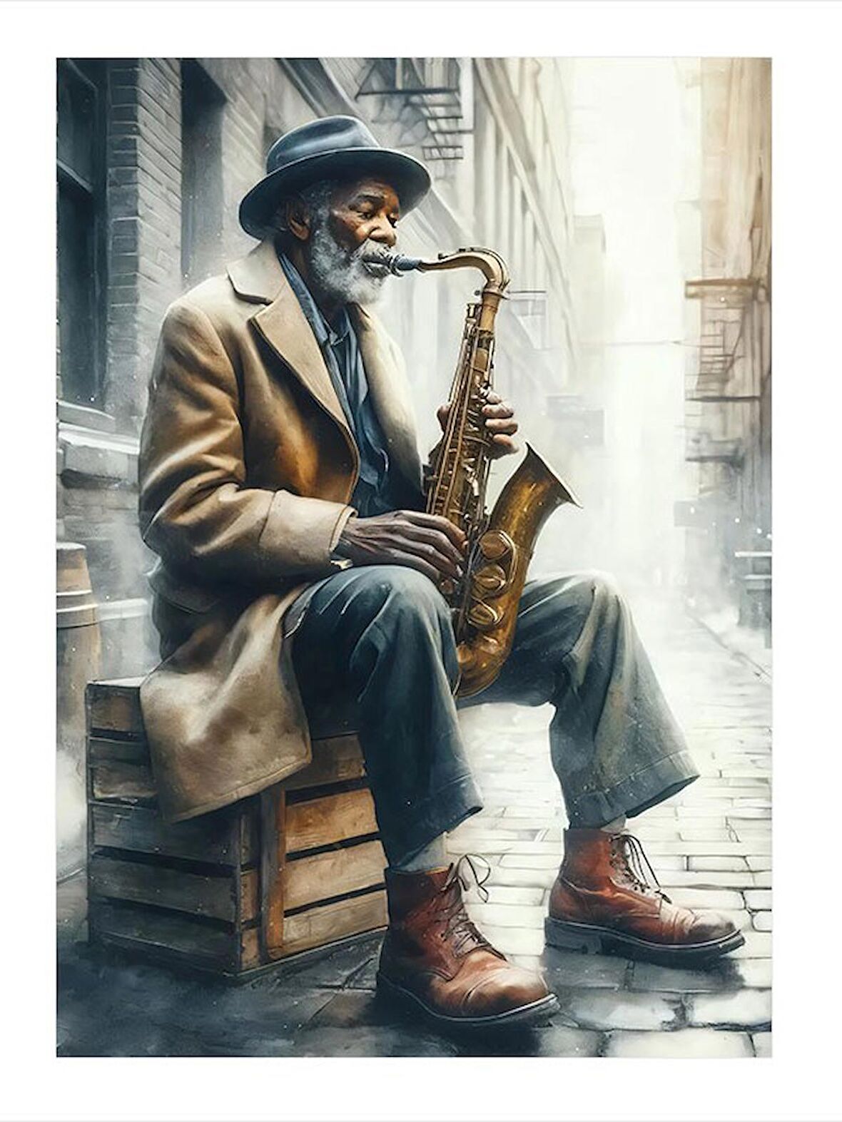 Saksafon Çalan Yaşlı Adam Modern Ahşap Tablo 35cm X50cm