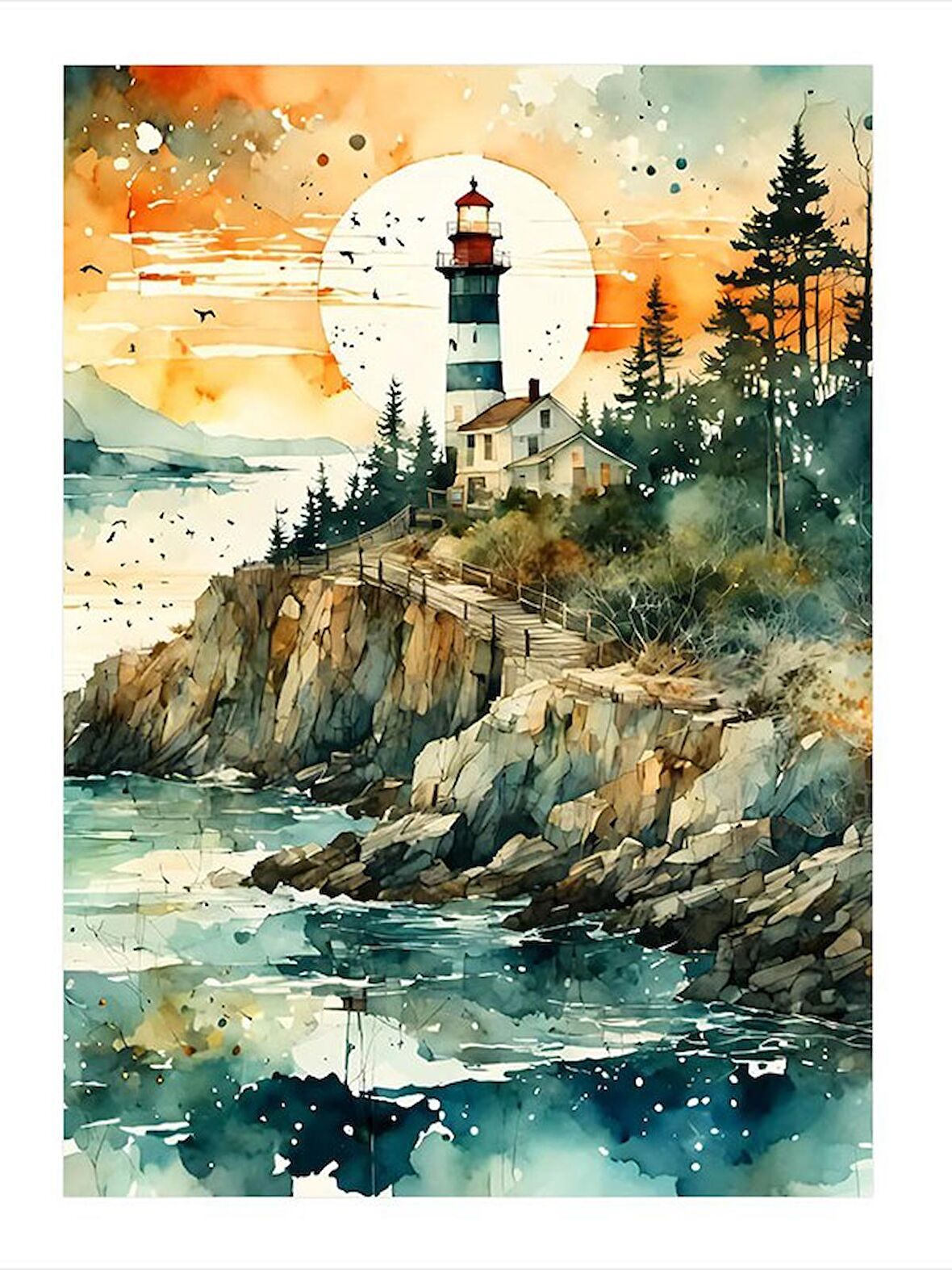 Deniz Feneri Ve Kayalıklar Hediyelik Ahşap Tablo 18cm X 27cm