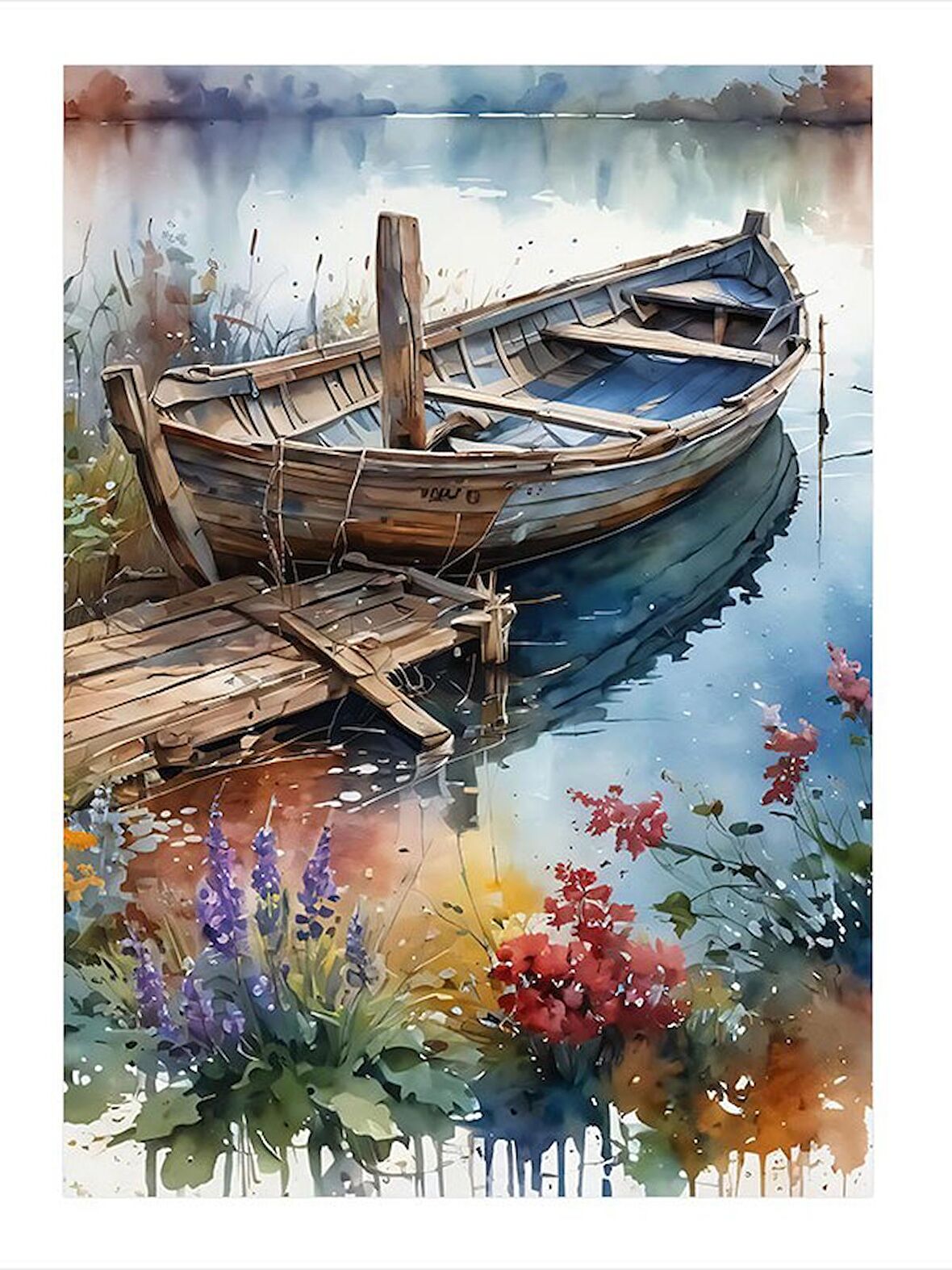Renkli Çiçekler Ve Ahşap Tekne Tasarım Mdf Tablo 35cm X50cm
