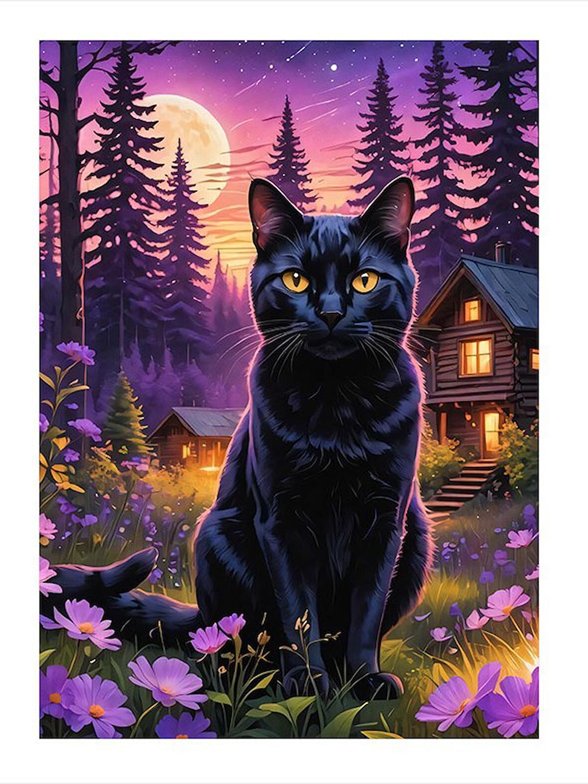 Siyah Kedi Ve Çiçekler Art Mdf Poster 18cm X 27cm