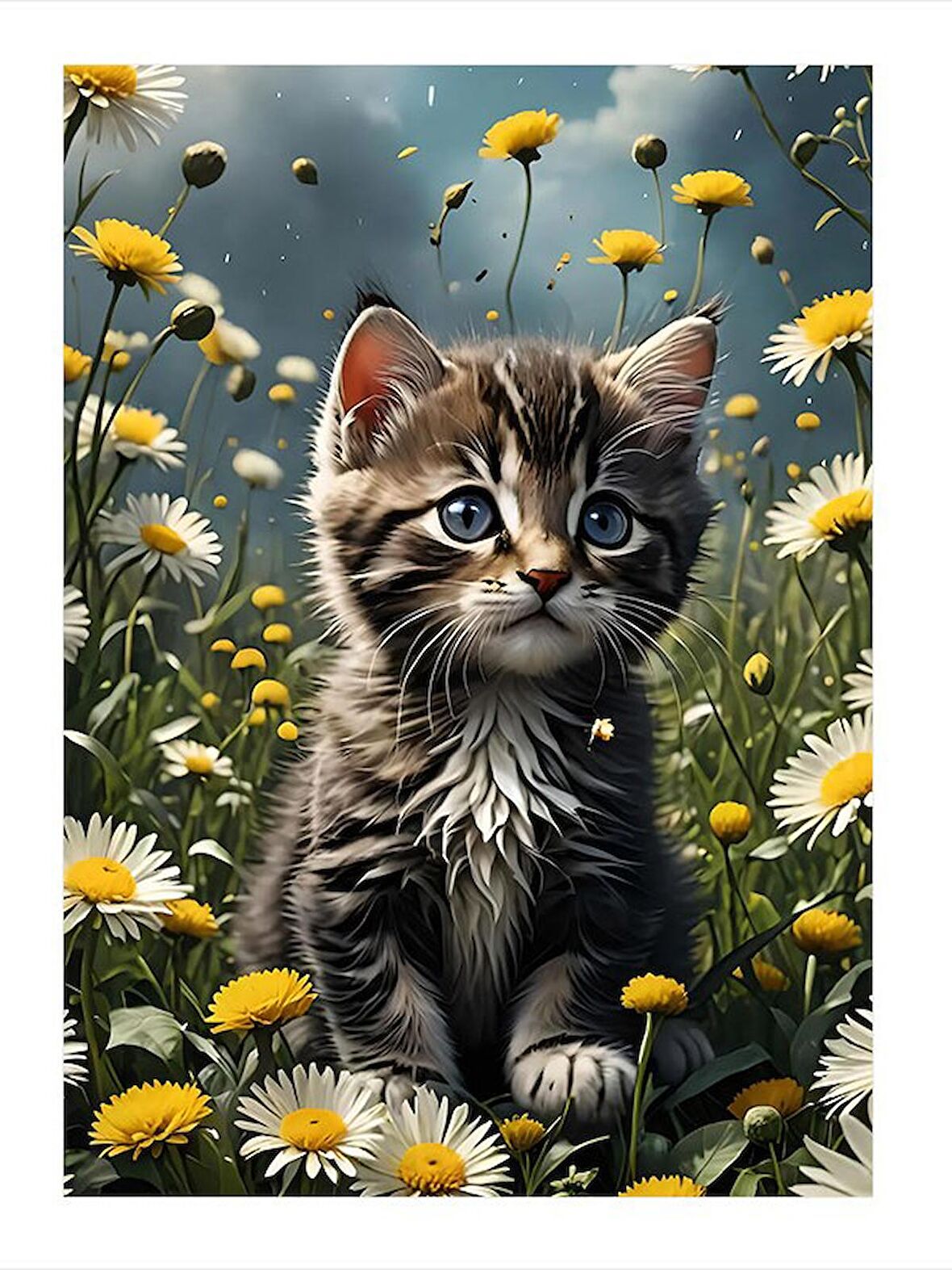 Yavru Kedi Ve Sarı Çiçekler Hediyelik Ahşap Tablo 35cm X50cm