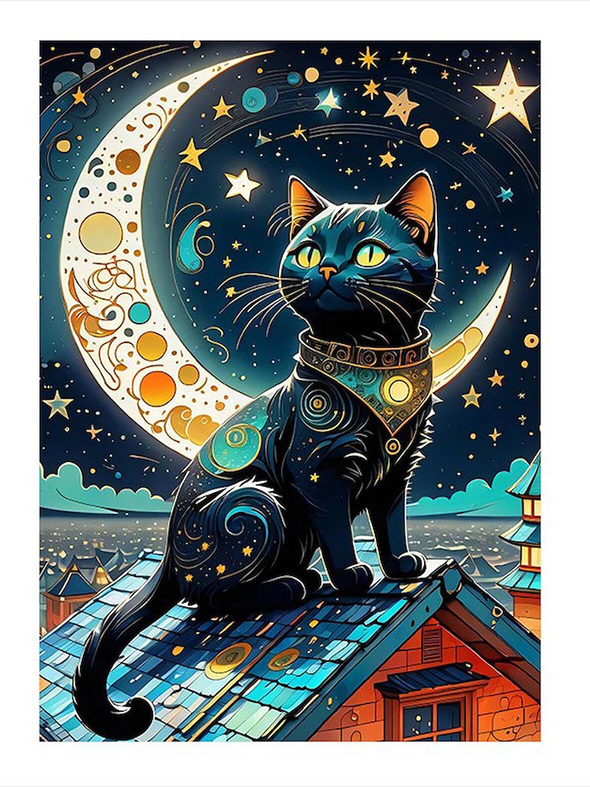 Siyah Kedi Ve Gökyüzü Dekoratif ahşap Tablo 18cm X 27cm