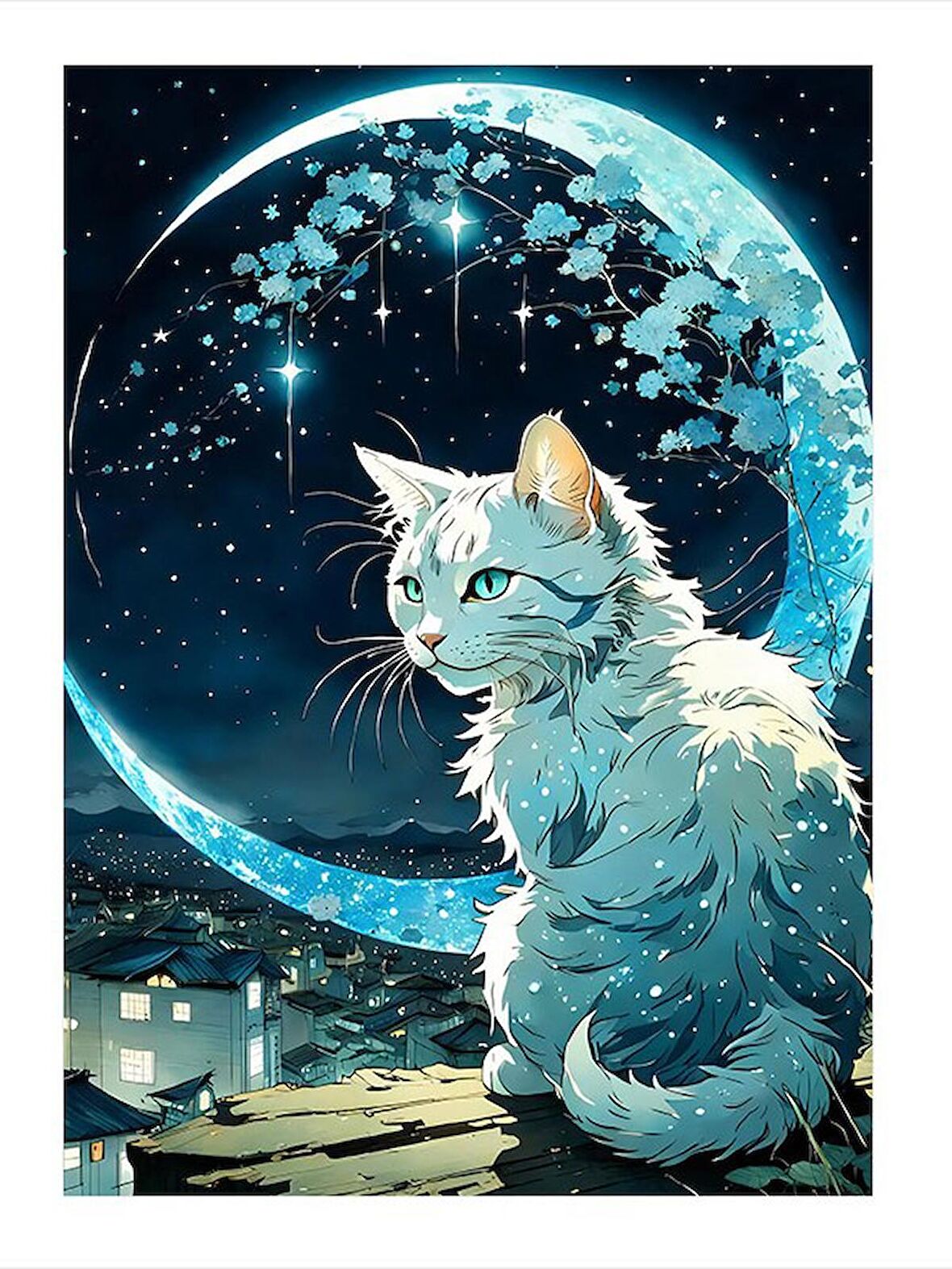 Beyaz Kedi Ve Ay Hediyelik Ahşap Tablo 18cm X 27cm