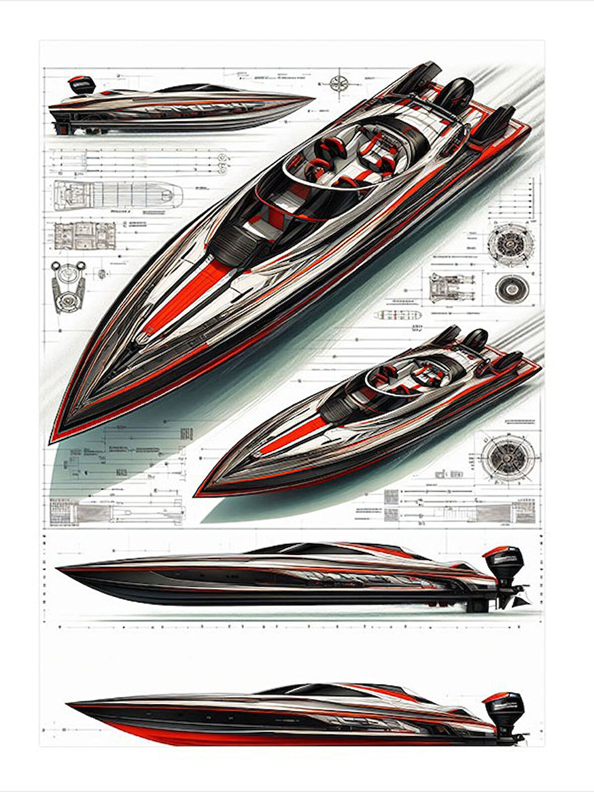 Yarış Teknesi Çizimi Tasarım Ahşap Tablo