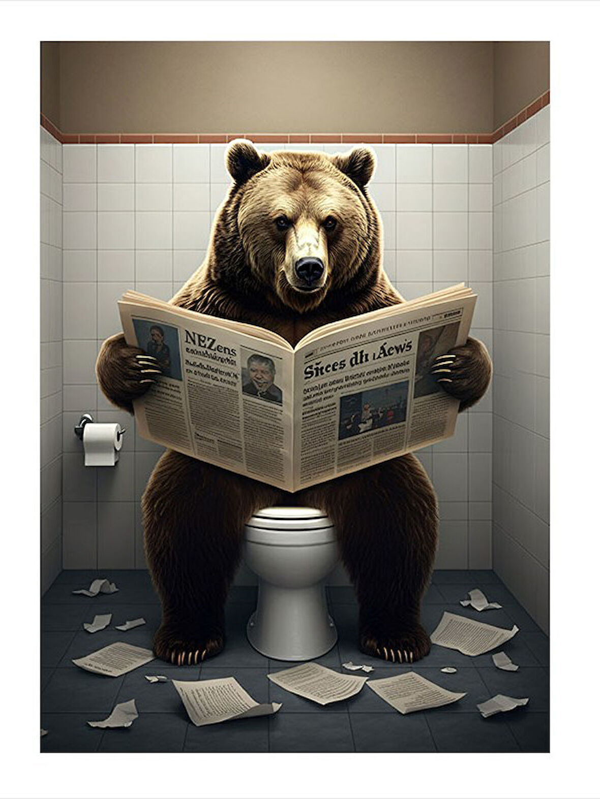 Tuvalette Gazete Okuyan Ayı Model Ahşap Tablo