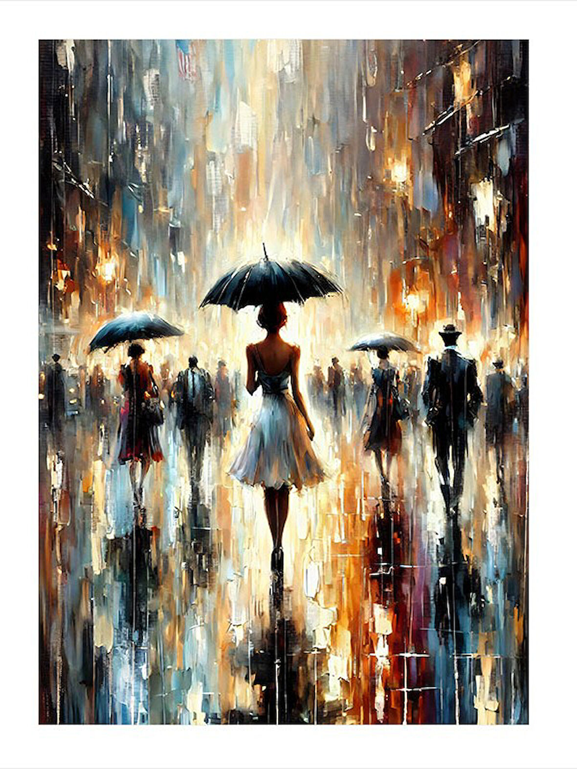 Yağmur Altında İnsanlar Desenli Mdf Tablo