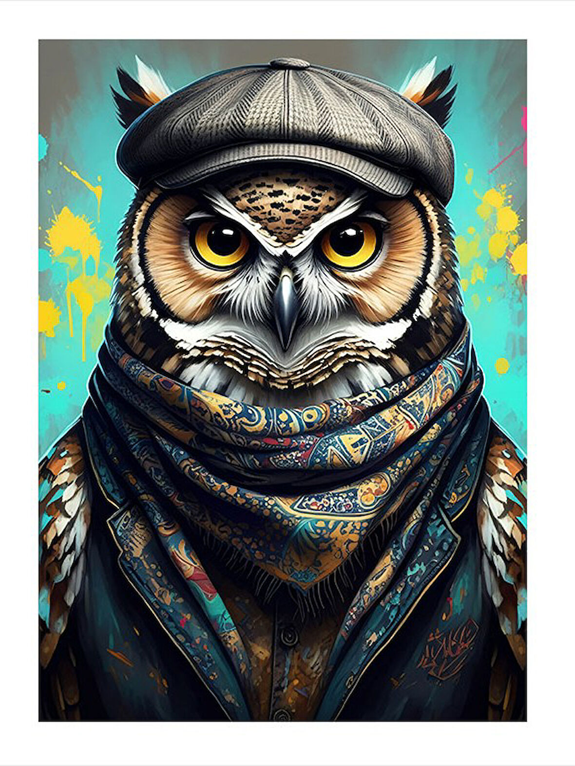 Şapkalı Baykuş Portresi Hediyelik Ahşap Tablo