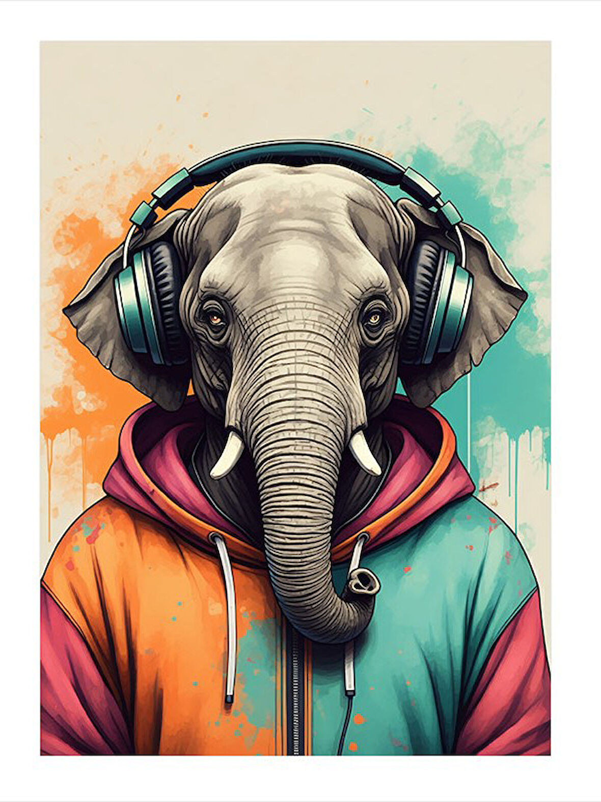 Kulaklık Takan Fil Model Ahşap Tablo