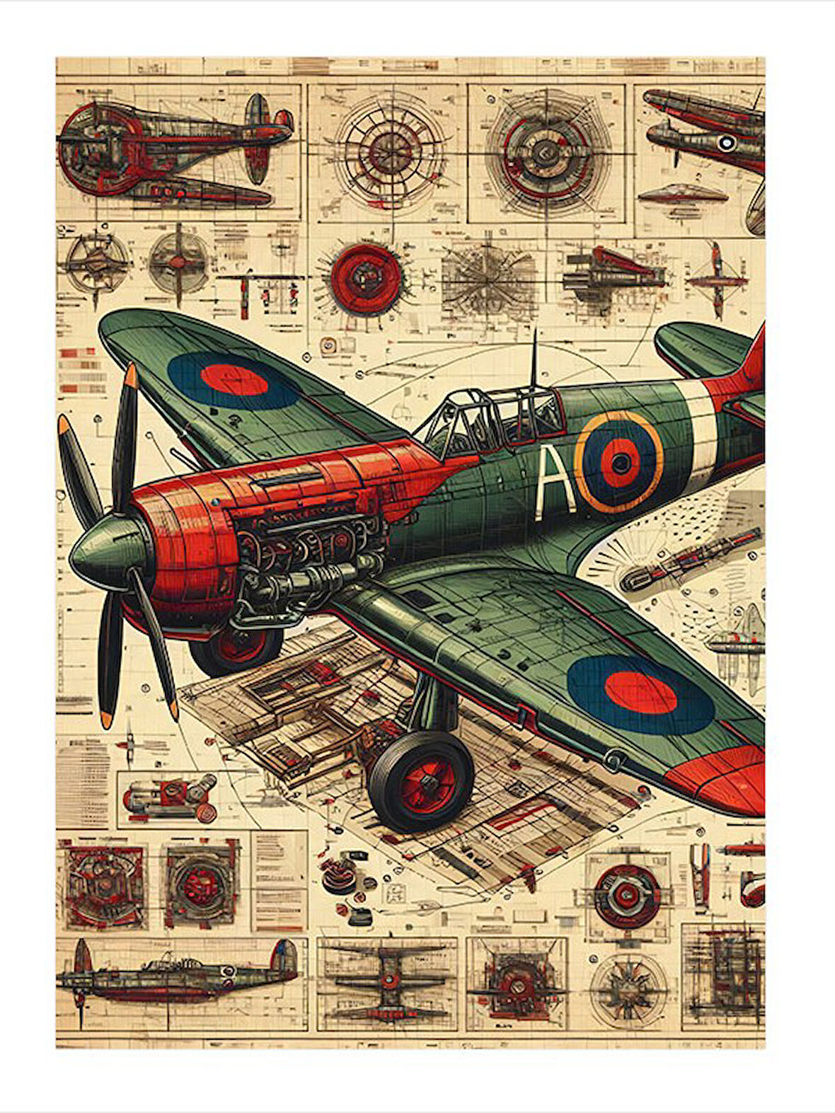 Eski Savaş Uçağı Çizimi Hediyelik Mdf Tablo