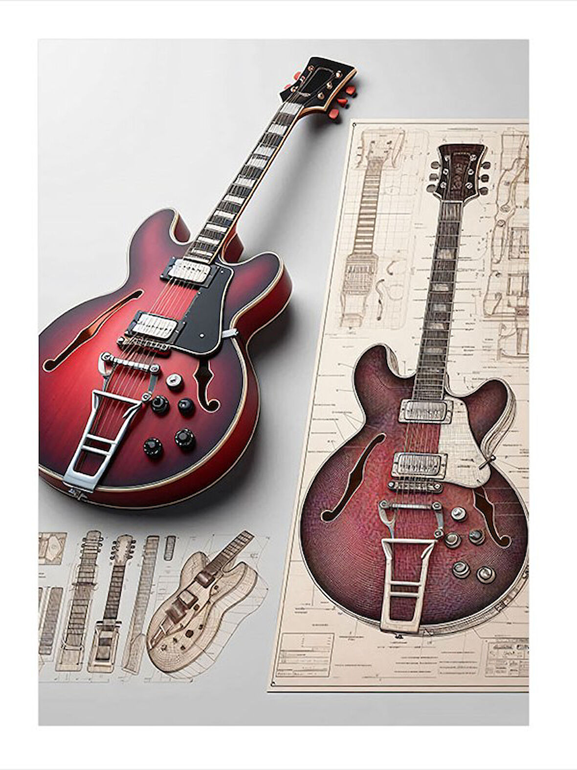 İkiz Elektro Gitar Çizimi Mdf Tablo