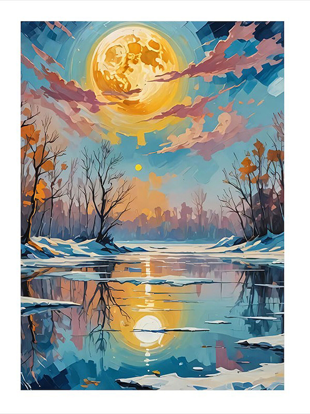 Göl Manzarasında Ayışığı Desenli Mdf Tablo