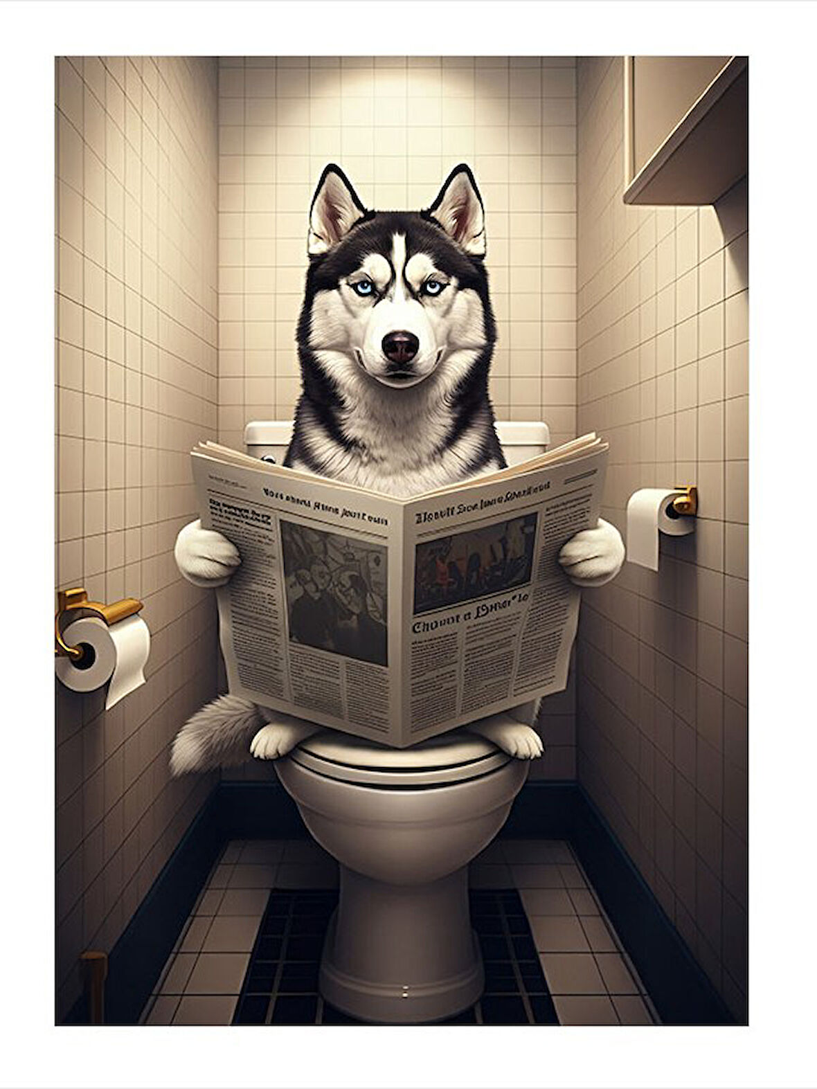 Tuvalette Gazete Okuyan Köpek Desenli Ahşap Tablo