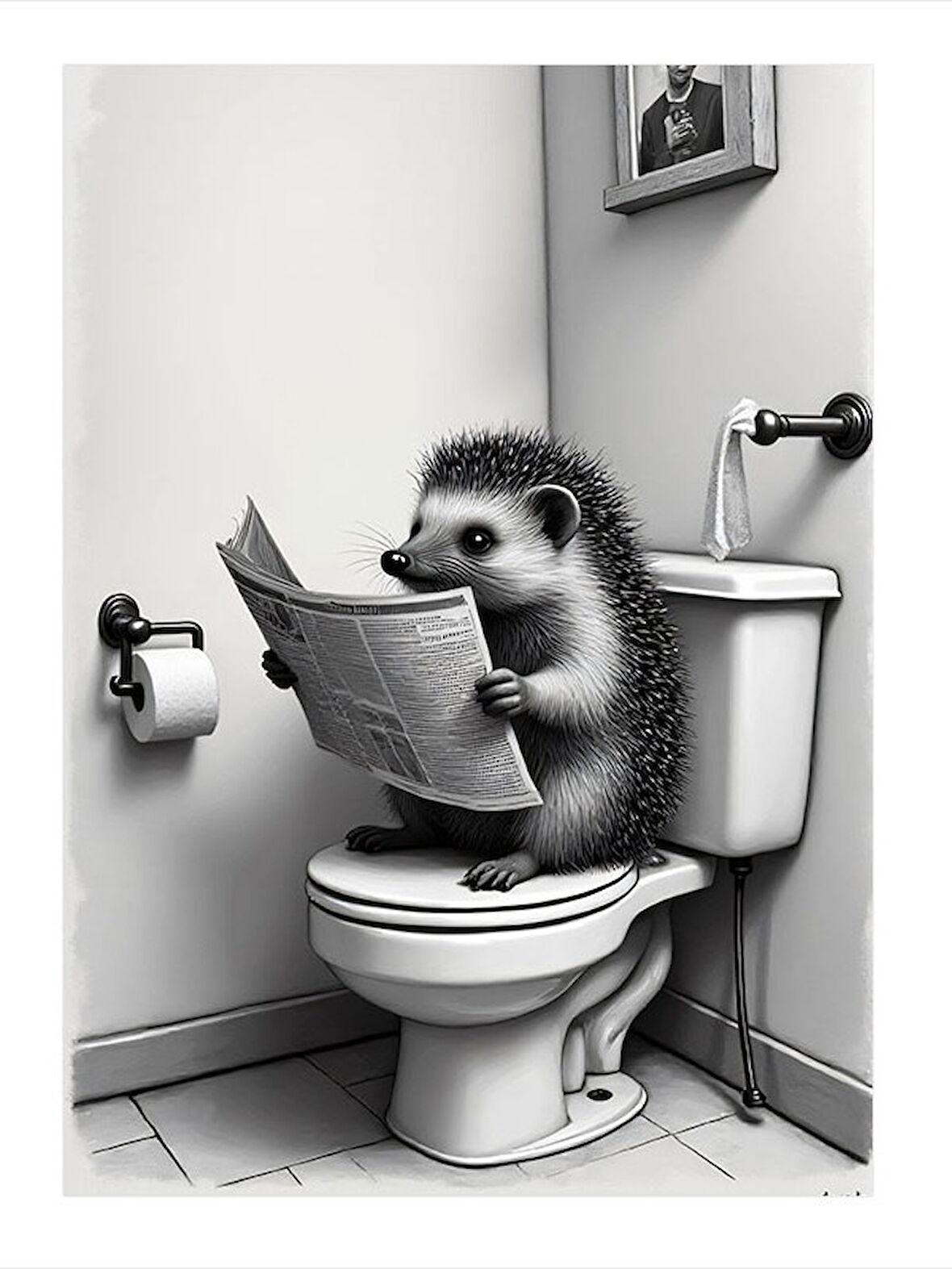 Gazete Okuyan Kirpi Desenli Ahşap Tablo