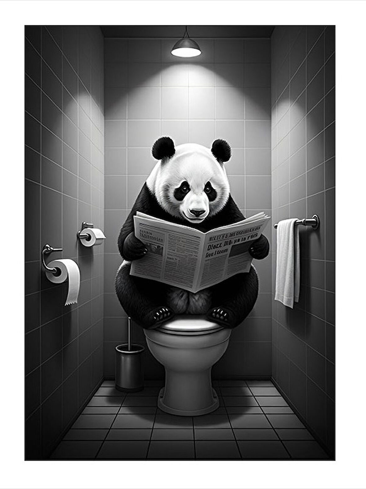 Gazete Okuyan Panda Desenli Ahşap Tablo