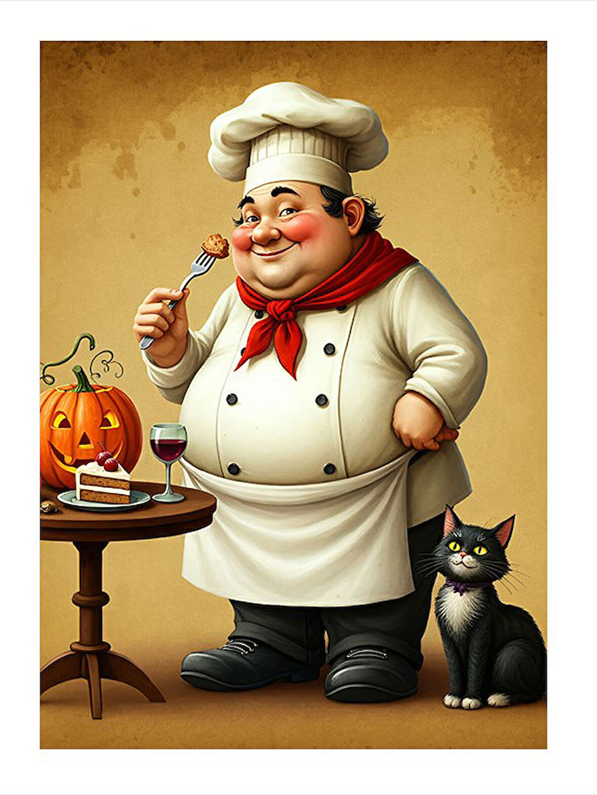 Neşeli Aşçı Ve Kedi Desenli Mdf Tablo