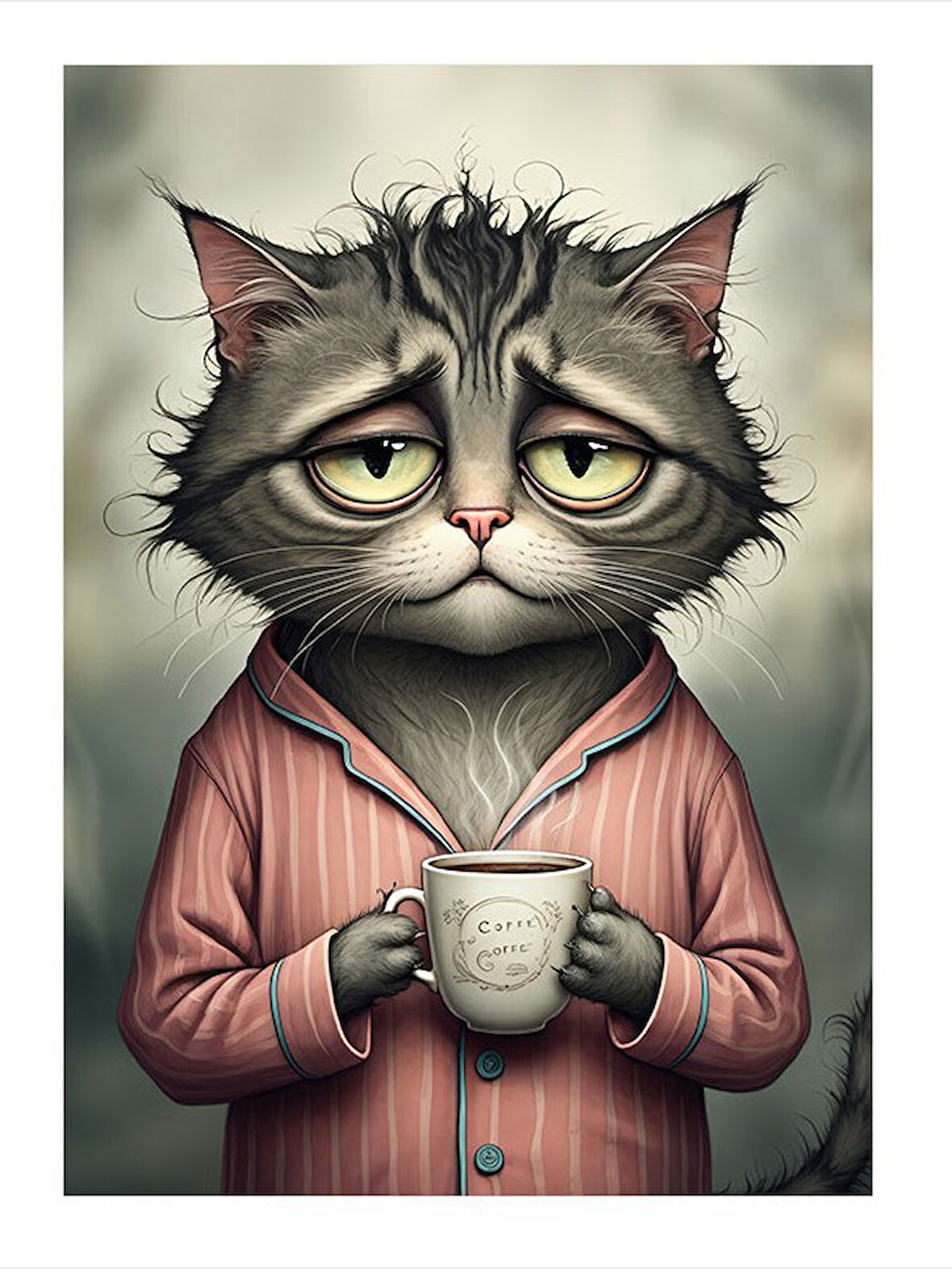 Çay İçen Kedi Portre Desenli Ahşap Tablo