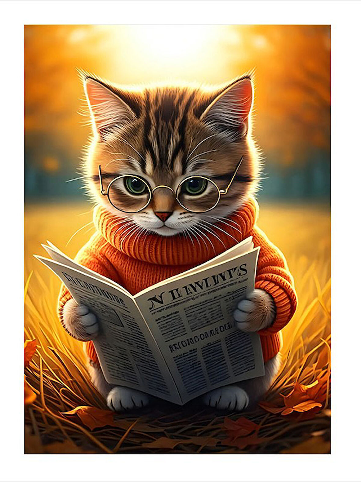 Gazete Okuyan Kedi Model Ahşap Tablo