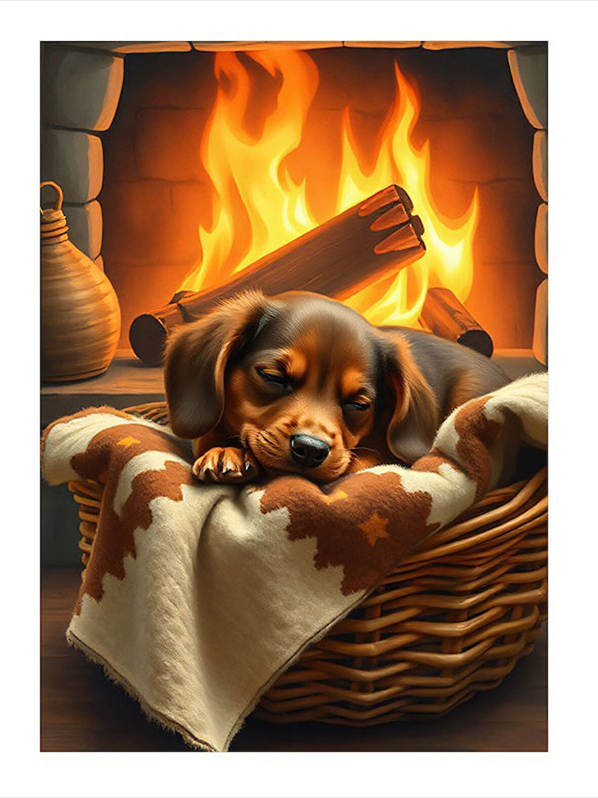 Şömine Önünde Yatan Köpek Dekoratif Mdf Tablo