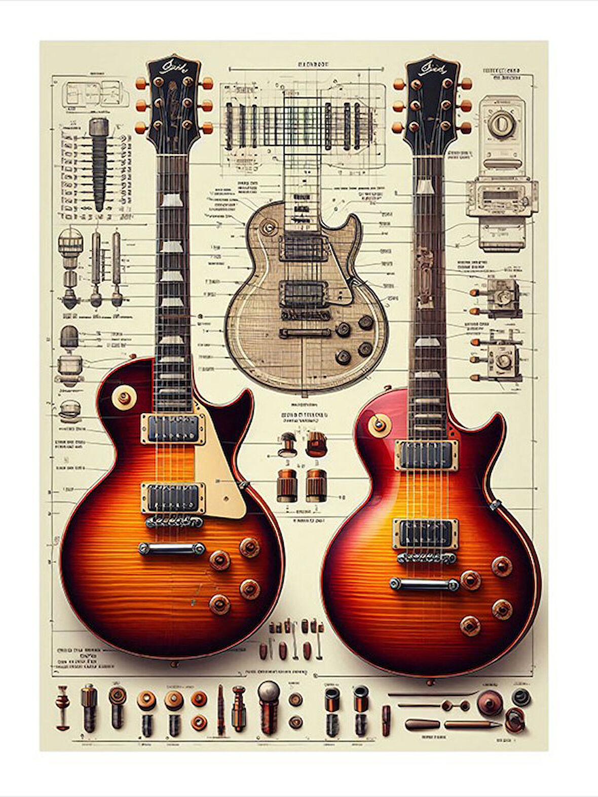 Elektro Gitar Çizimi Tasarım Ahşap Tablo