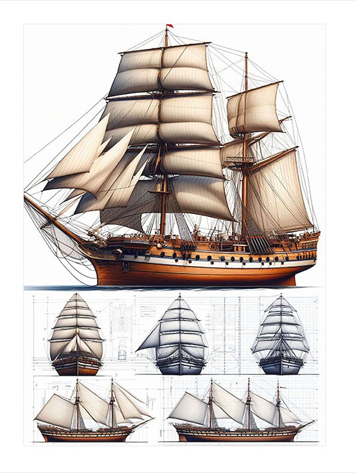 Yelkenli Gemi Çizimi Dekoratif Mdf Tablo