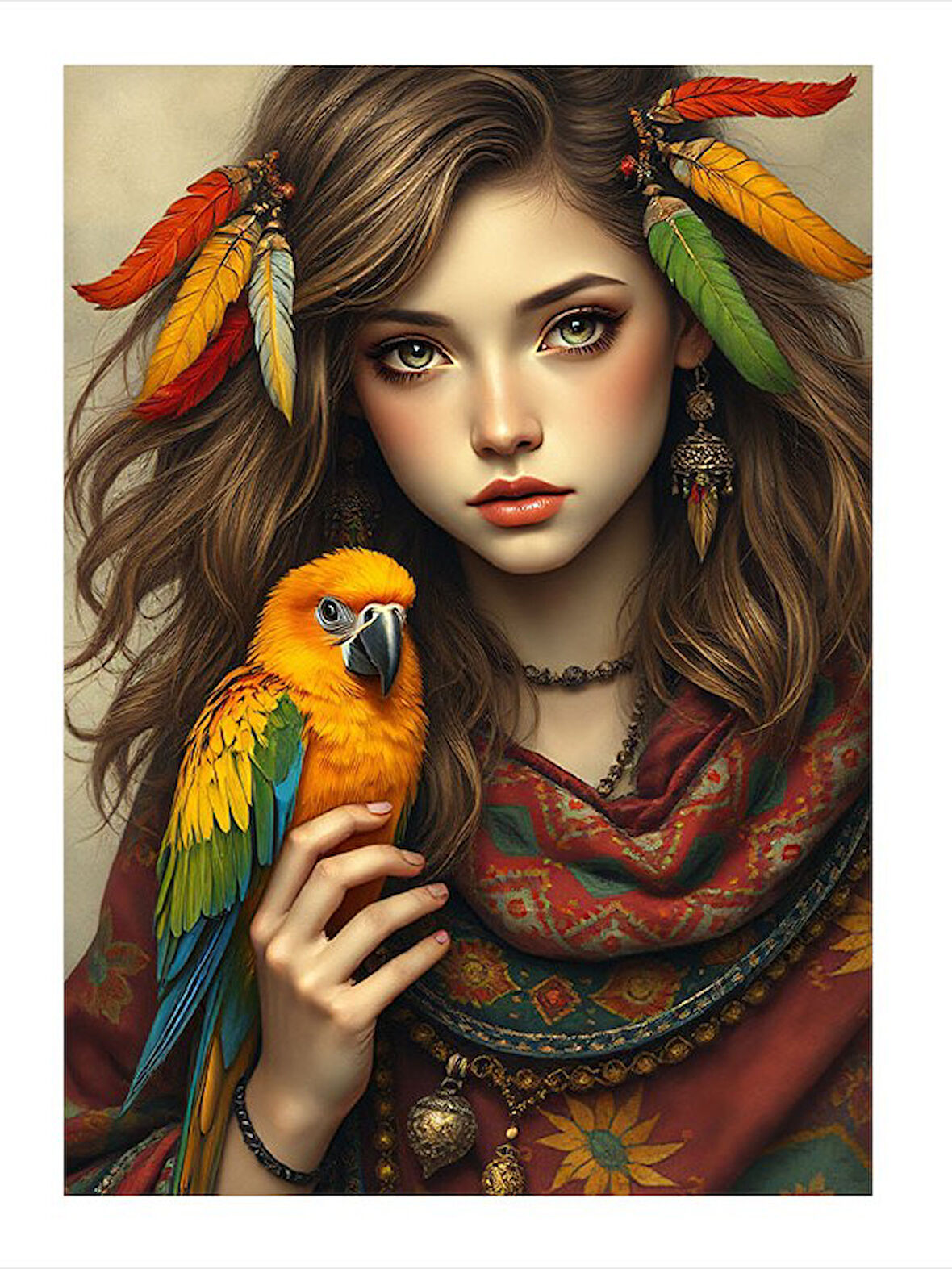 Papağanlı Kadın Portresi Model Mdf tablo
