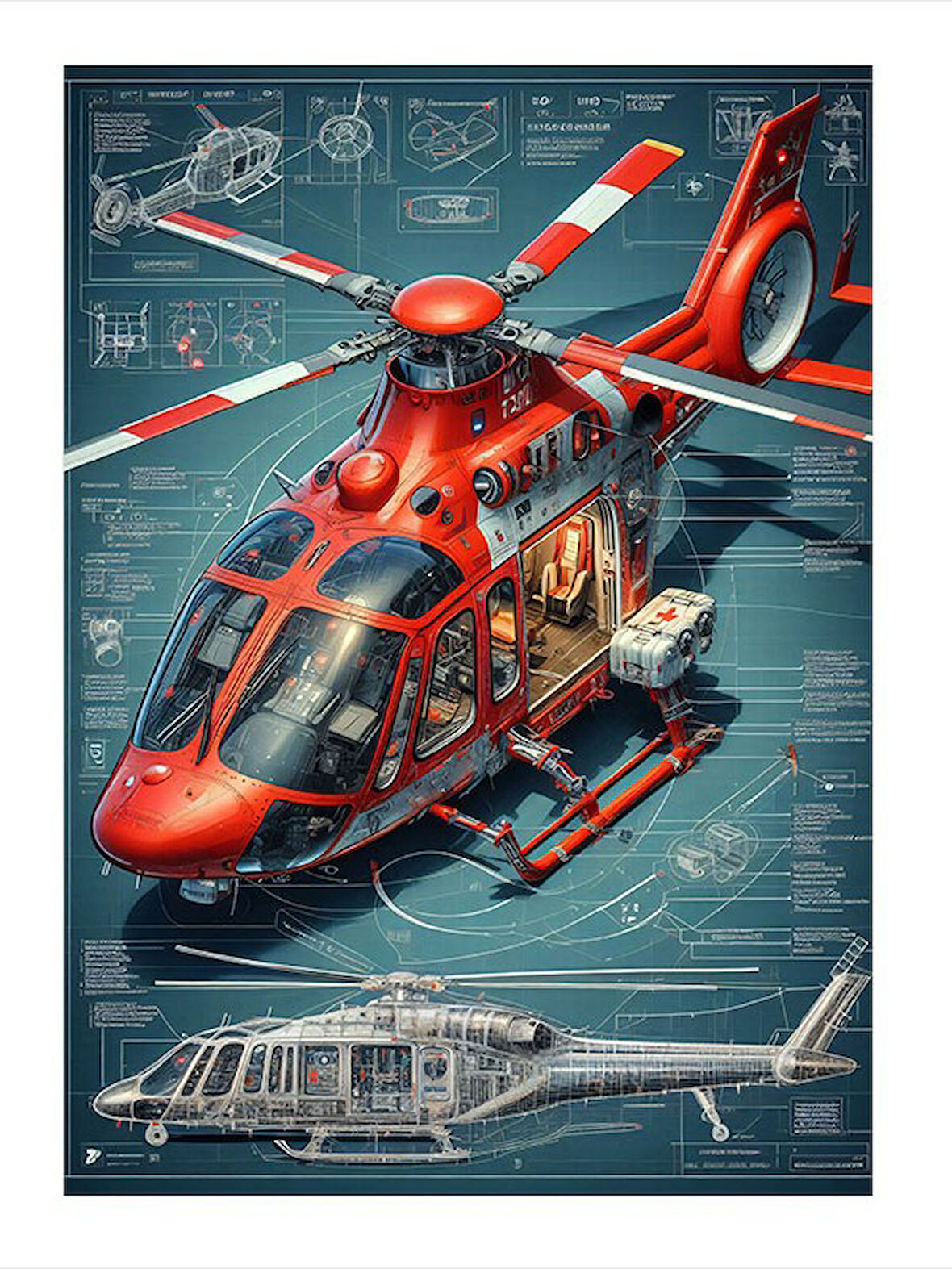 Kırmızı Helikopter Tasarımı Art Mdf Tablo