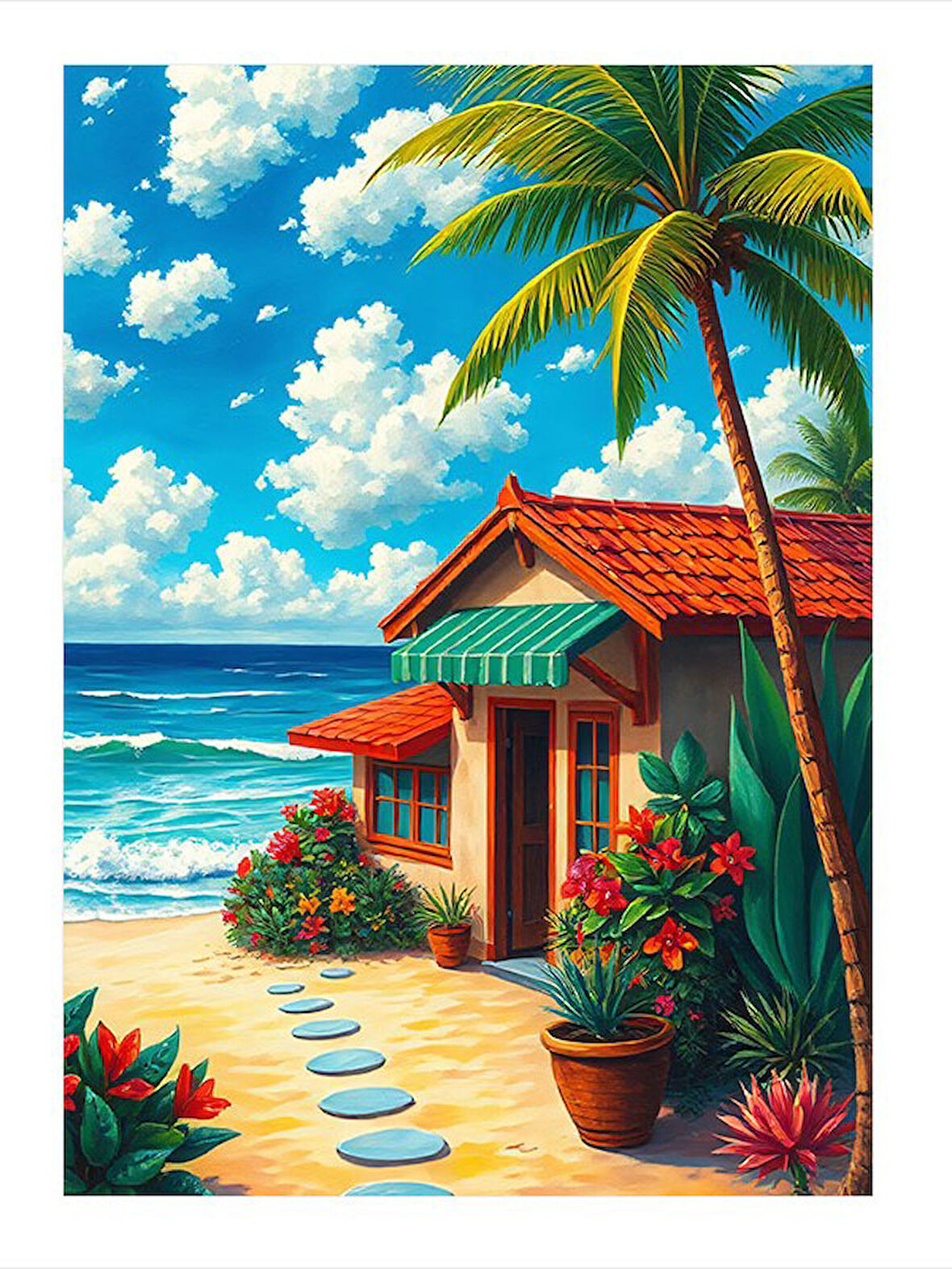 Tropik Sahil Evi Desenli Mdf Tablo