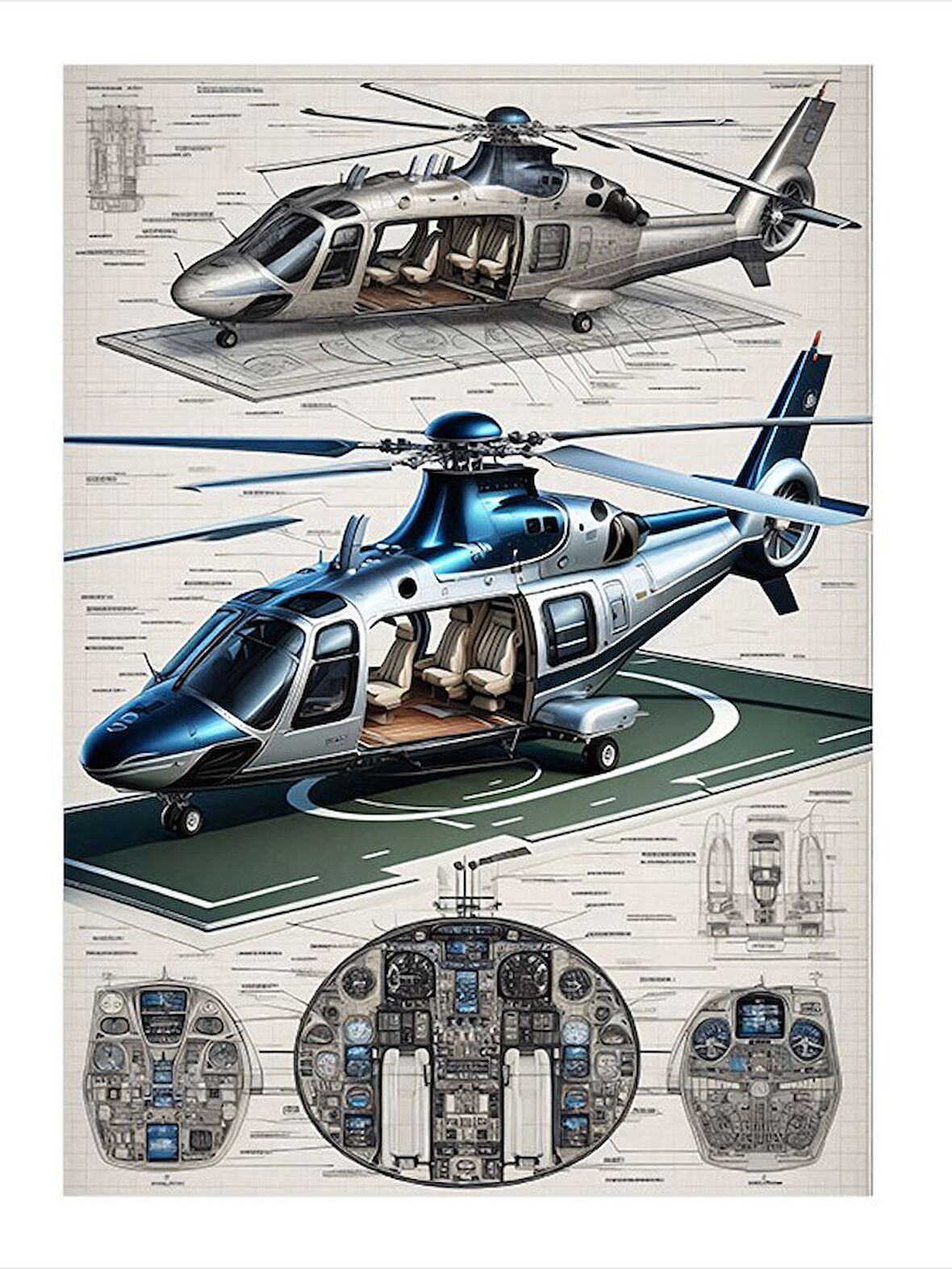 Helikopter Teknik Çizimi Art Mdf Poster