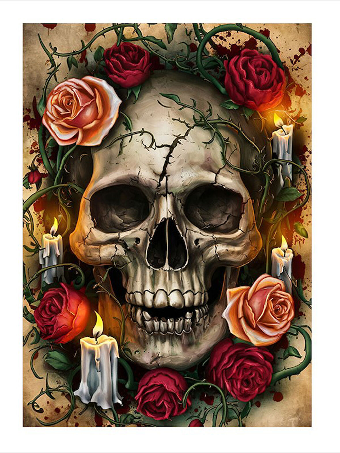 Gül Ve Kafatası Çizimi Dekoratif ahşap Tablo