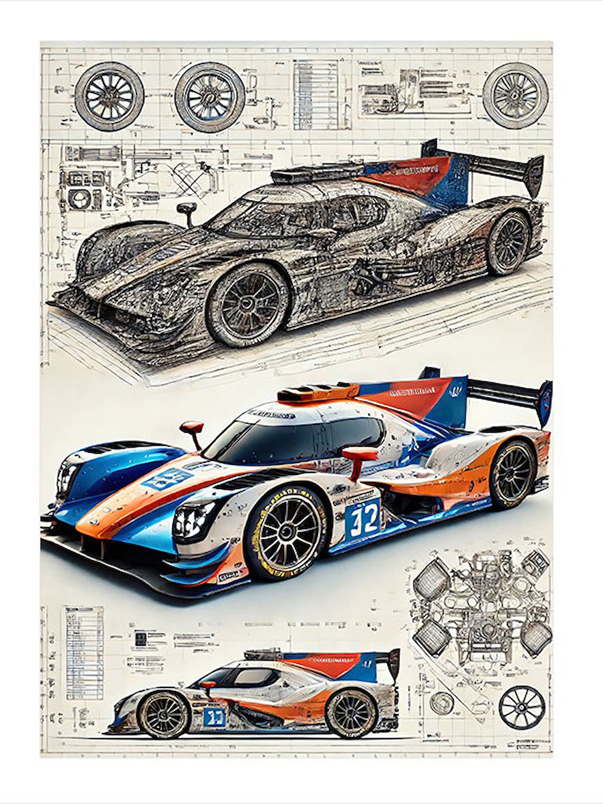 Yarış Arabası Teknik Çizimi Tasarım Ahşap Tablo