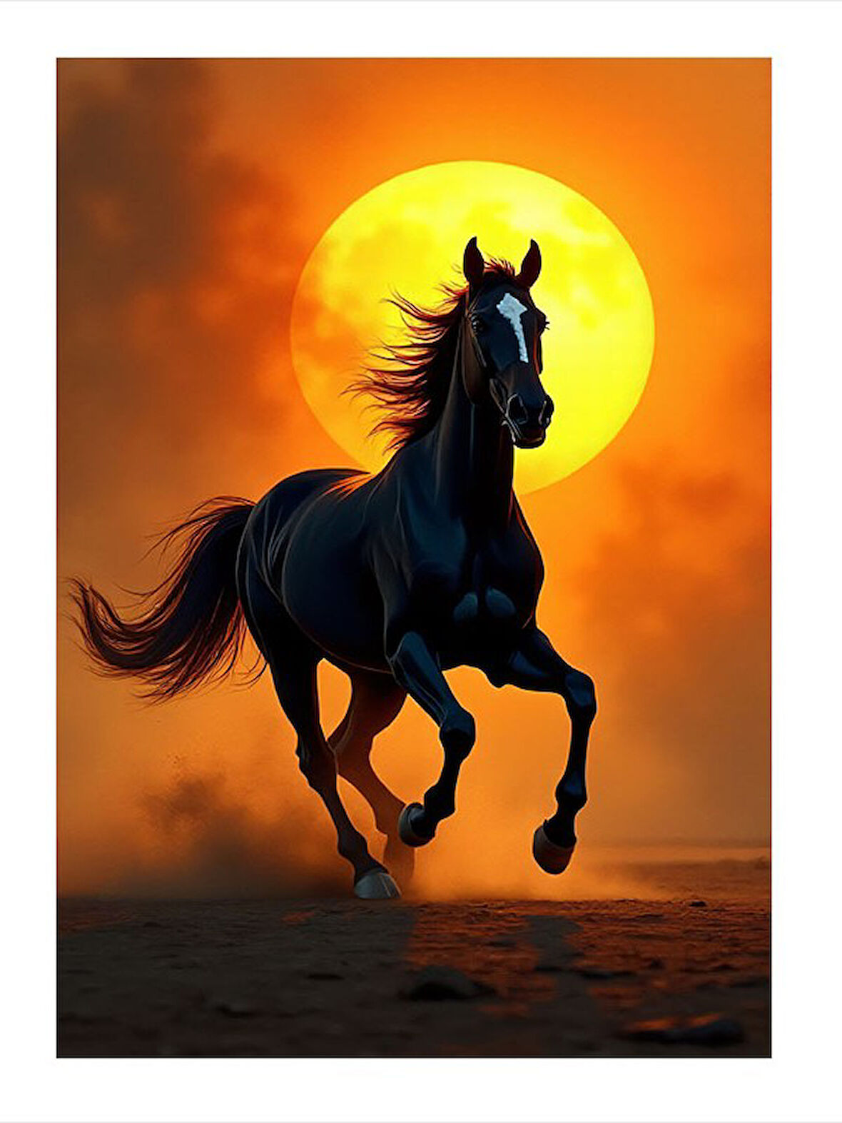 Gün Batımında Siyah At Hediyelik Ahşap Tablo