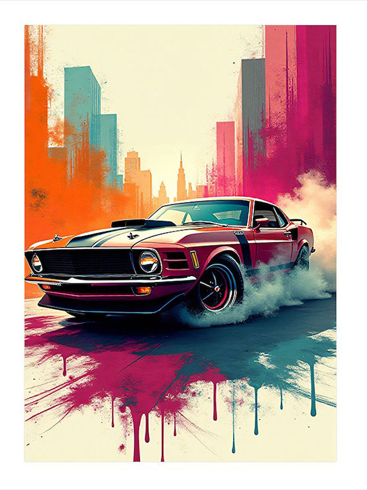 Renkli Mustang Araba Tasarım Mdf Tablo