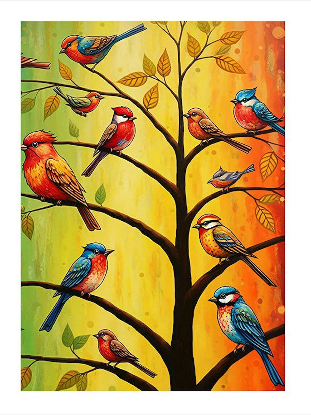 Renkli Kuşlar Ve Ağaç Modern Mdf Tablo