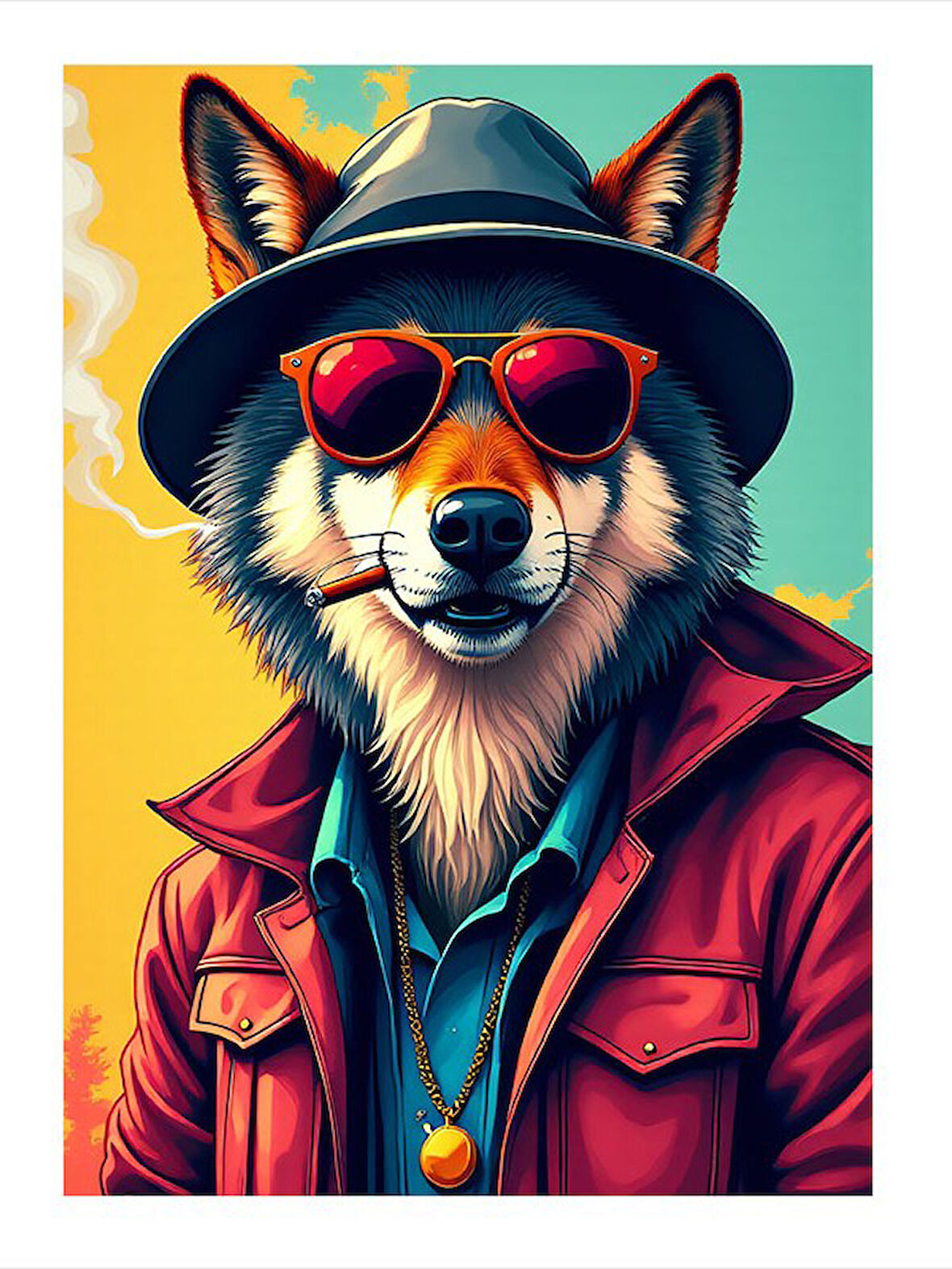 Gözlüklü Kurt Ve Ceket Desenli Ahşap Tablo