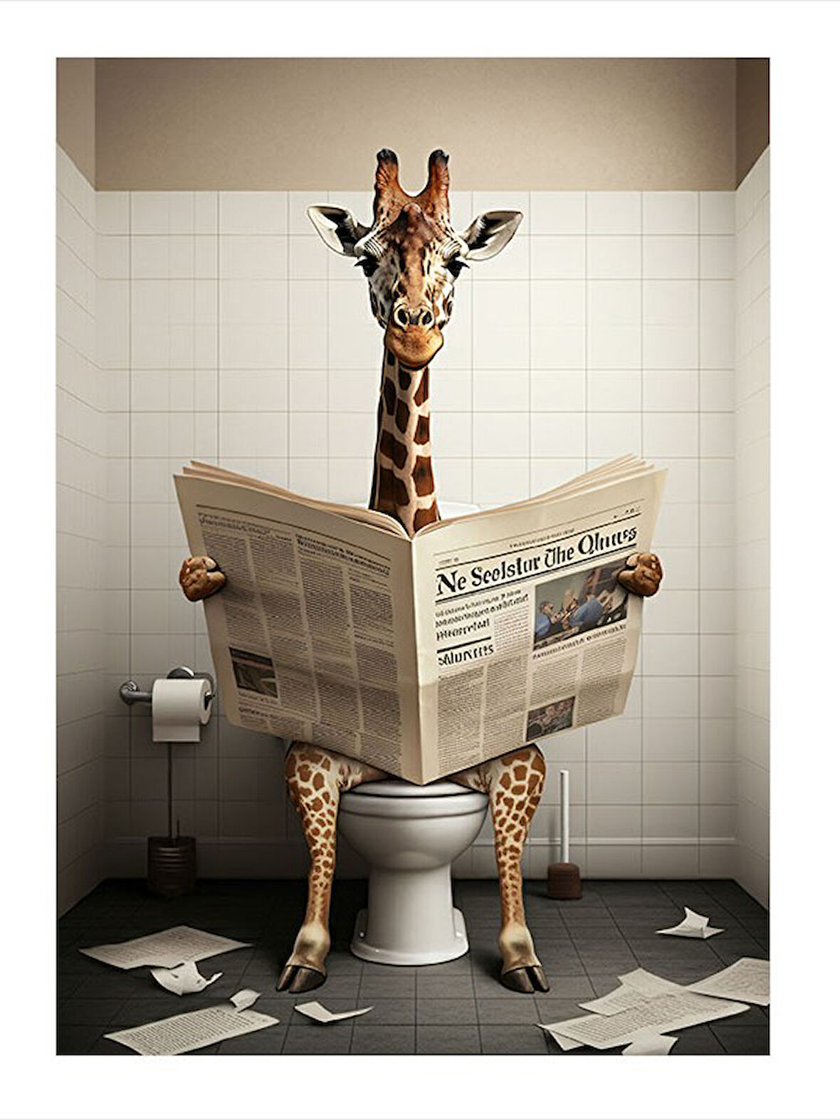 Tuvalette Gazete Okuyan Zürafa Hediyelik Ahşap Tablo