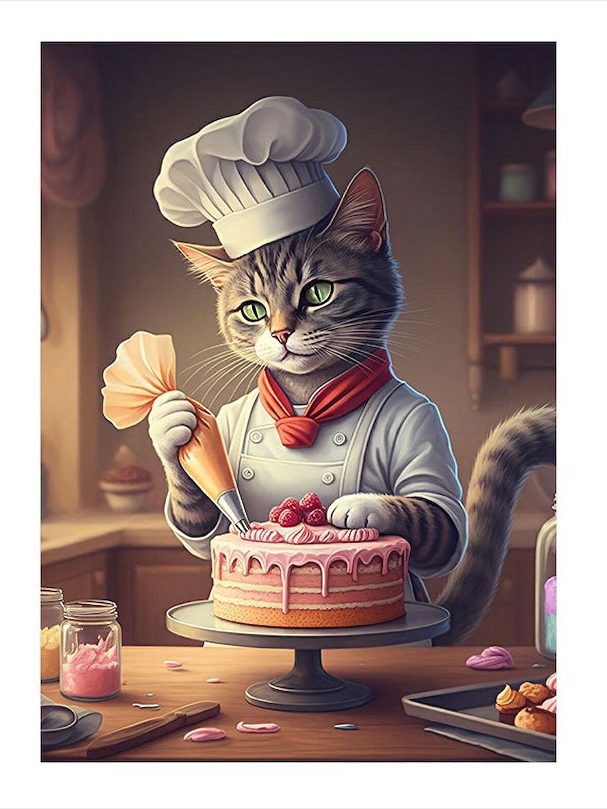 Pastacı Kedi Figürü Desenli Mdf Tablo