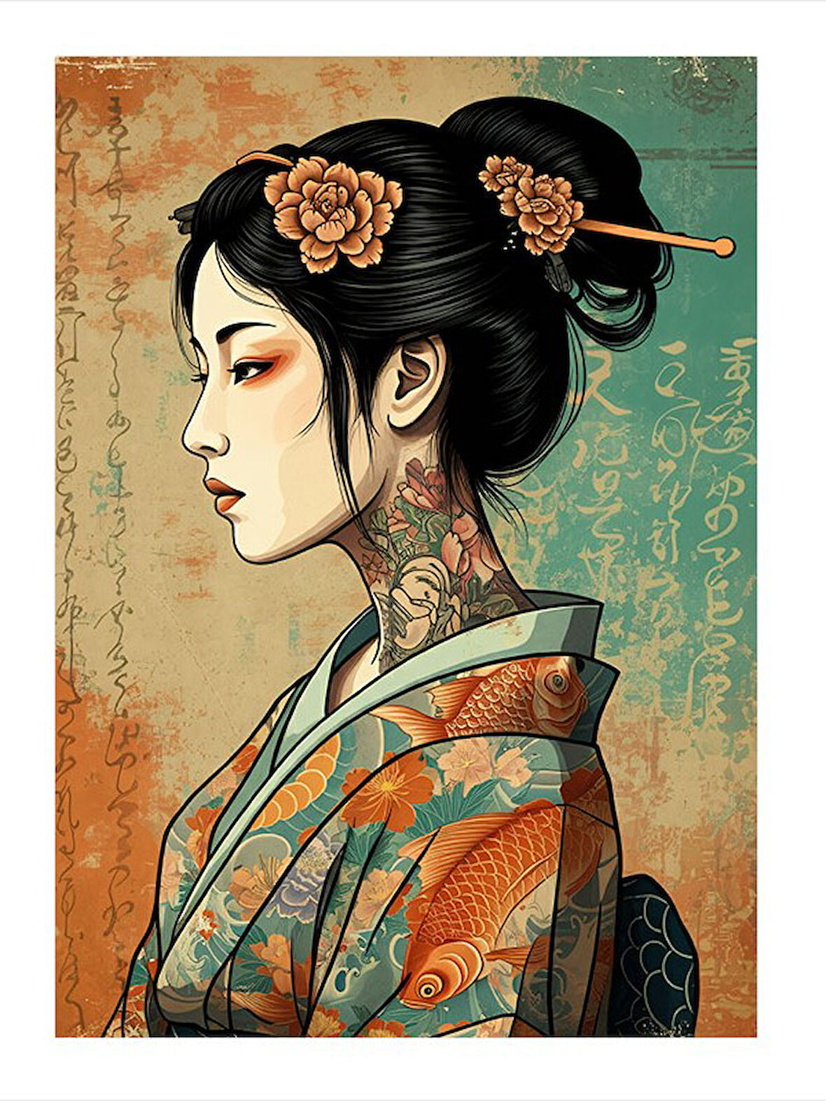 Japon Kadın Portresi Modern Ahşap Tablo