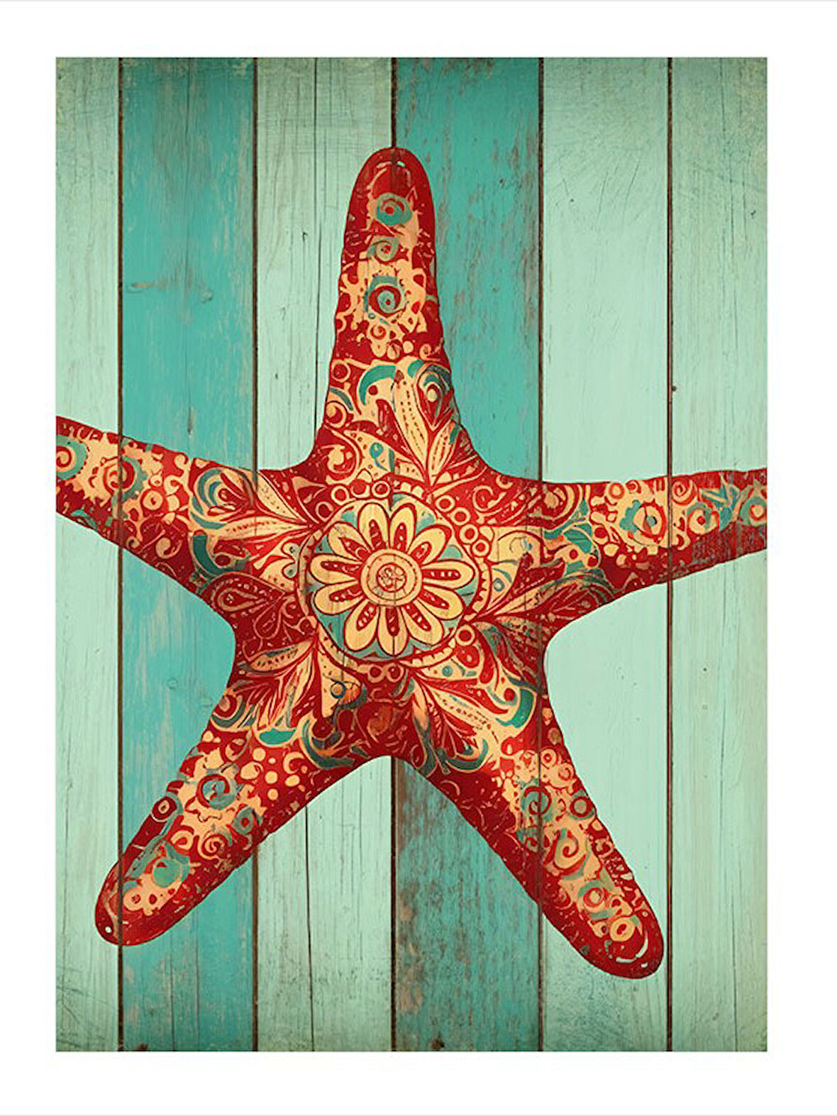 Ahşap Üzerinde Deniz Yıldızı Dekoratif Mdf Tablo