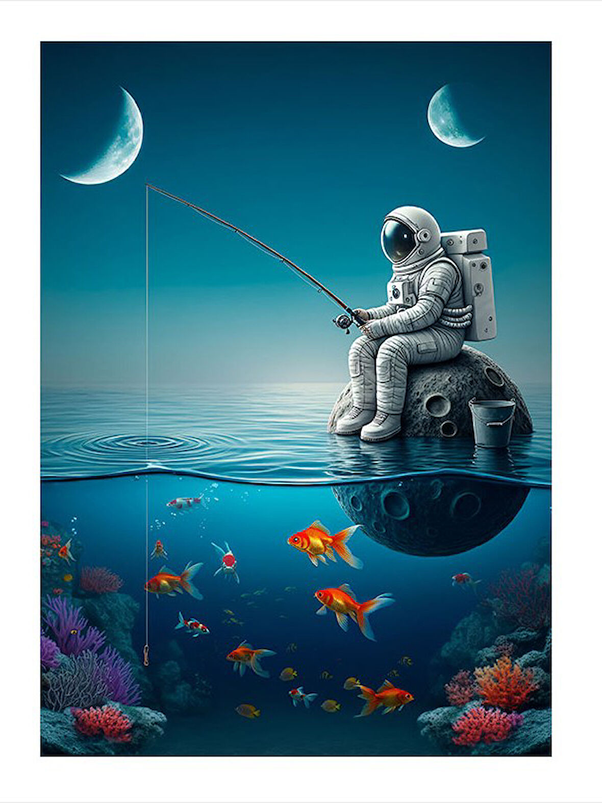Uzayda Balık Tutan Astronot Tasarım Mdf Tablo