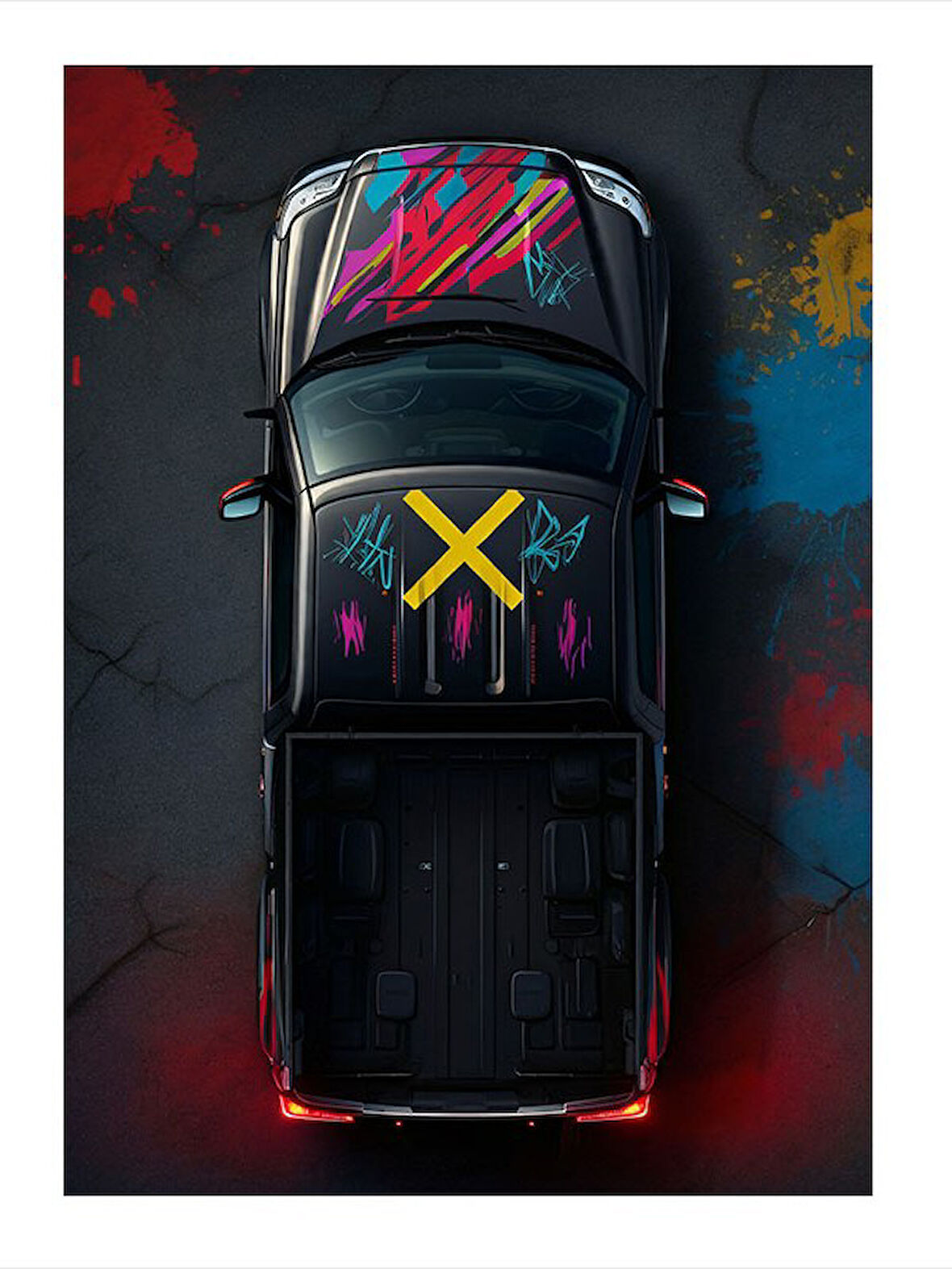 Neon Kaplı Yarış Arabası Desenli Ahşap Tablo