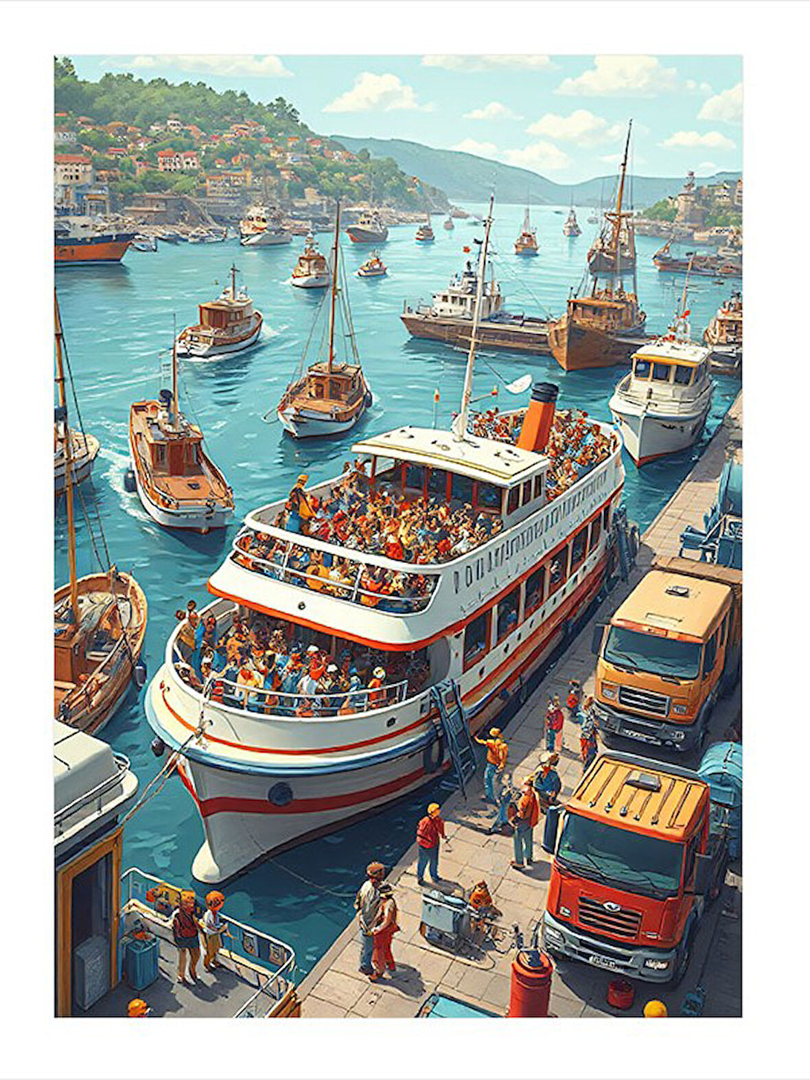 Kalabalık Marina Manzarası Tasarım Ahşap Tablo