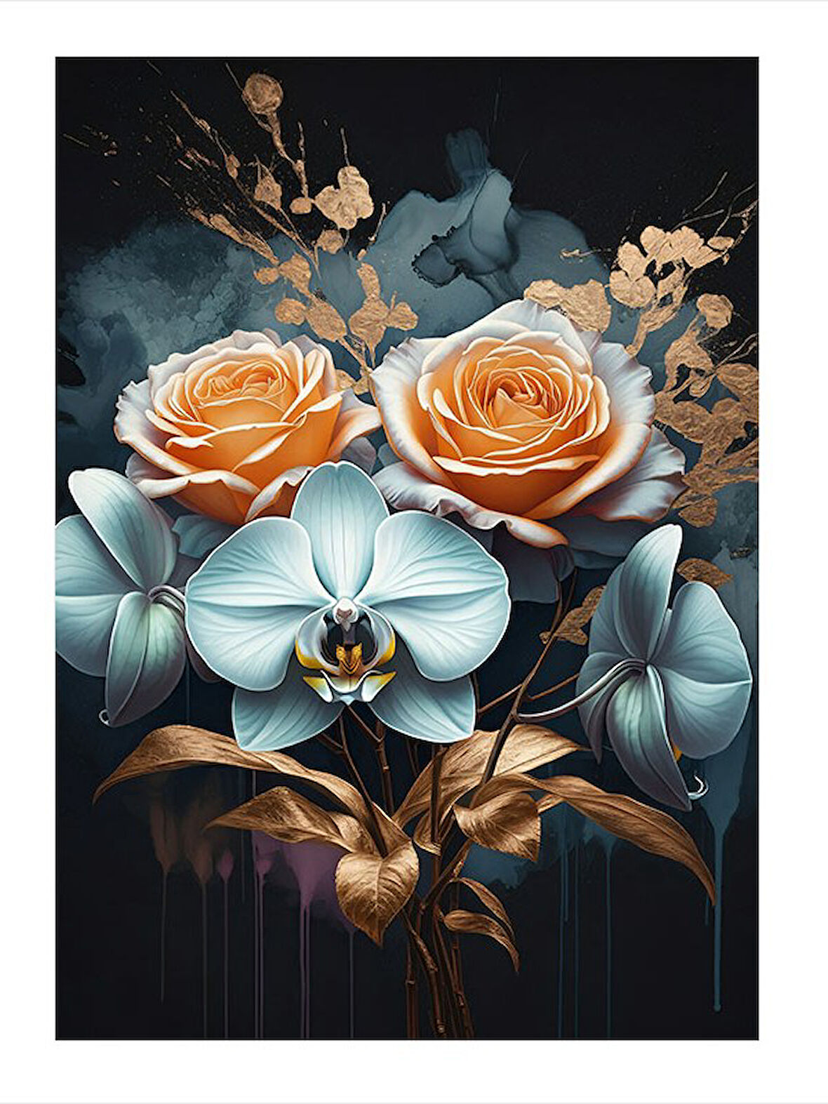 Mavi Ve Turuncu Güller Dekoratif ahşap Tablo