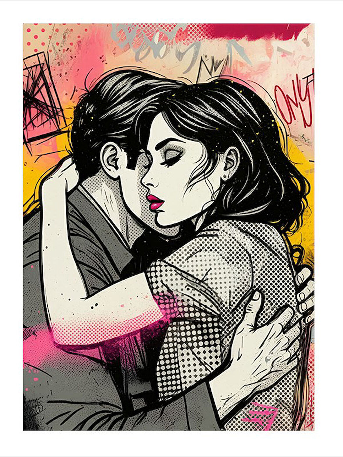 Çizgi Roman Sarılma Çifti Desenli Mdf Tablo